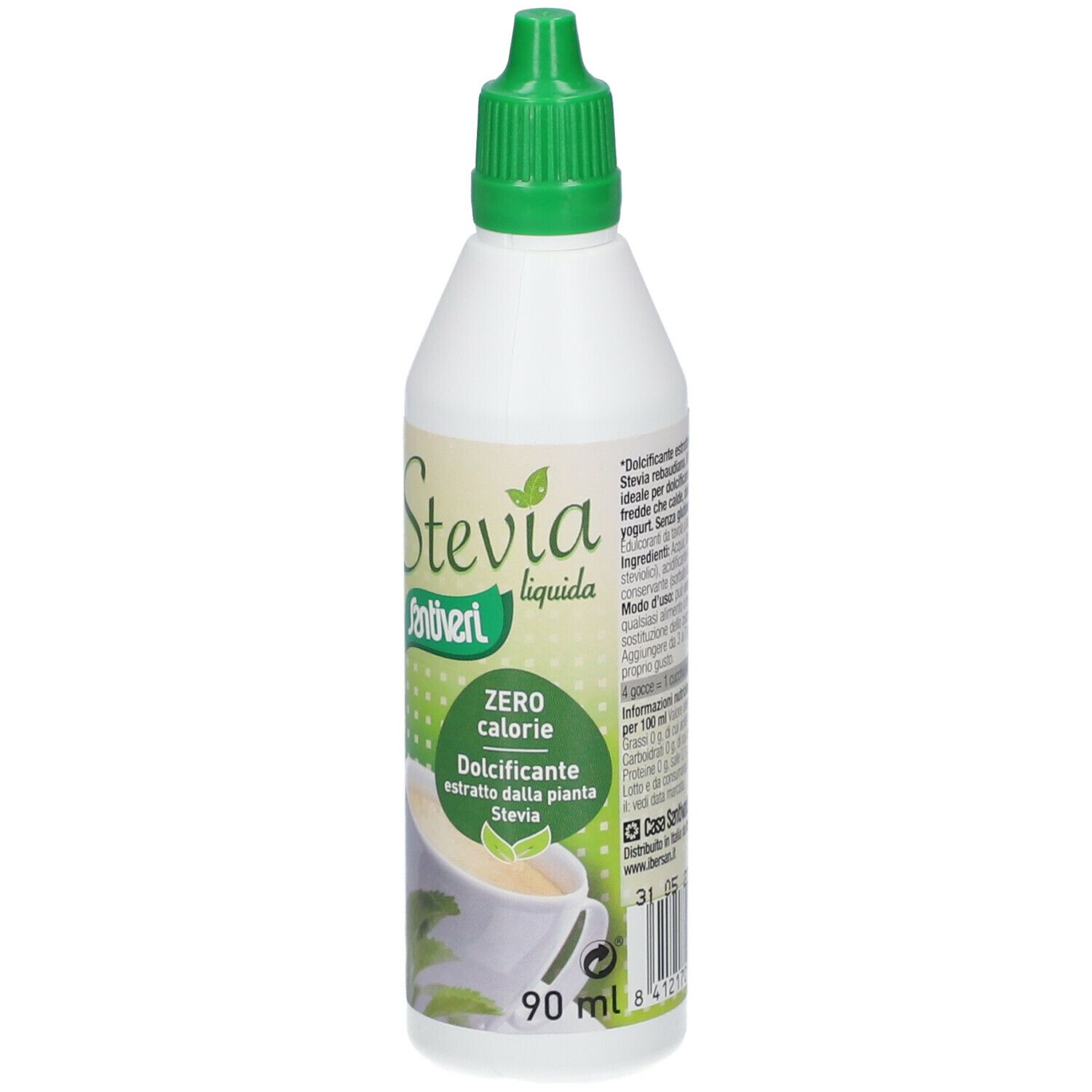 Weiße Flasche mit grünem Deckel. Etikett mit "Stevia liquida", "Zero calorie" und 90 ml.