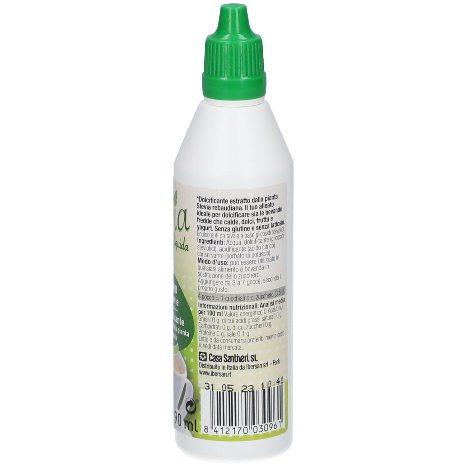 Weiße Flasche mit grünem Deckel. Rückseite mit Text, Nährwertangaben und 90 ml.
