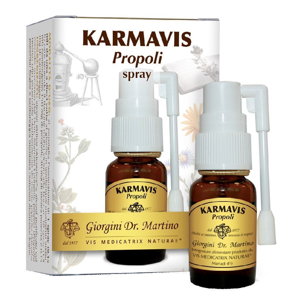 Karmavis Propolis Spray, zwei Flaschen mit Sprühaufsatz und Verpackung. Aufschrift: Karmavis Propoli spray.