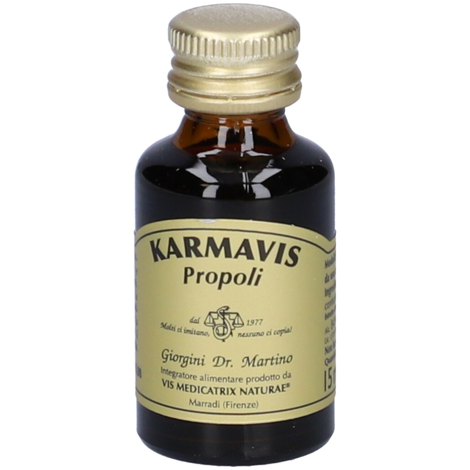 Karmavis Propolis, braune Glasflasche mit goldenem Deckel. Aufschrift: Karmavis Propoli, Giorgini Dr. Martino.