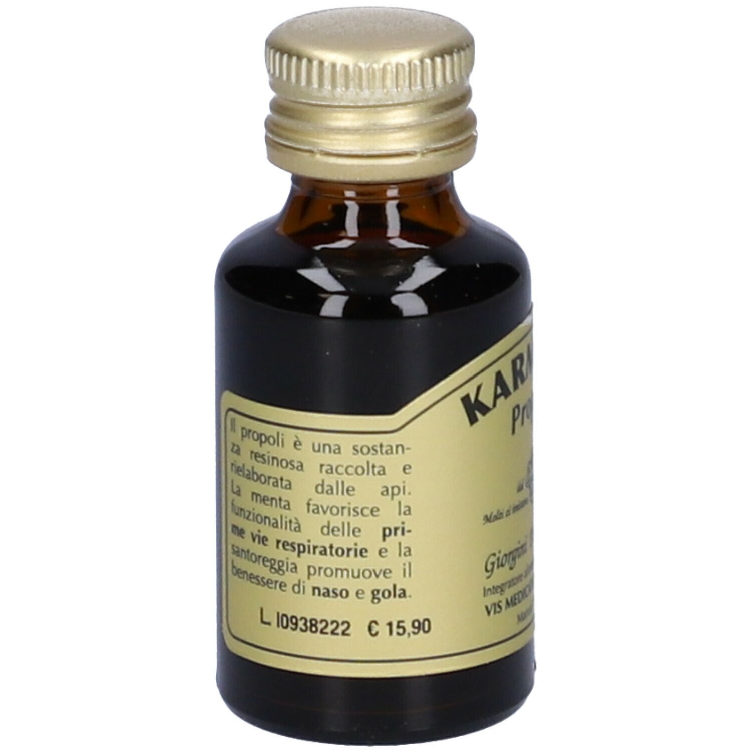 Karmavis Propolis, braune Glasflasche mit goldenem Deckel. Aufschrift: Karmavis Propoli, Giorgini Dr. Martino, Text.