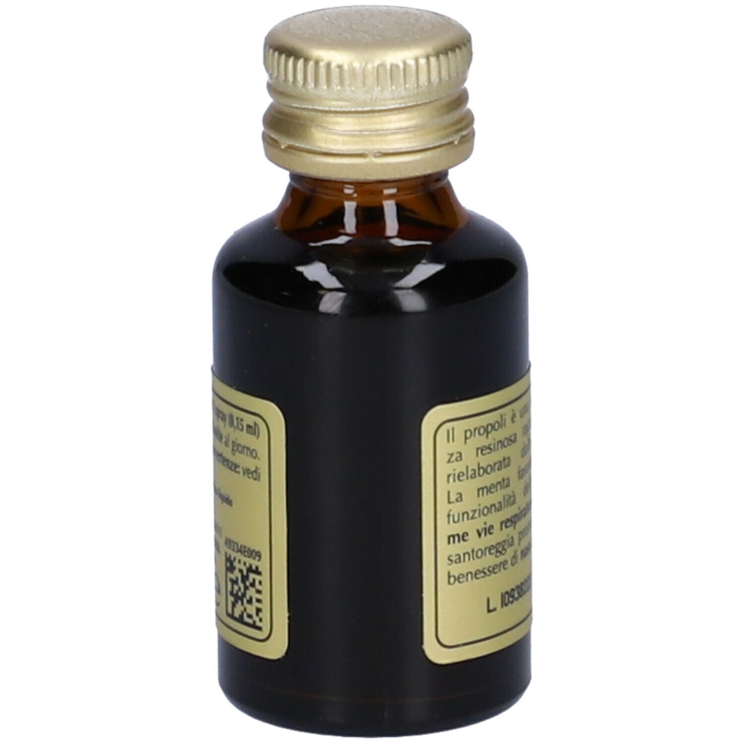 Karmavis Propolis, braune Glasflasche mit goldenem Deckel. Aufschrift: Karmavis Propoli, Giorgini Dr. Martino, Text.
