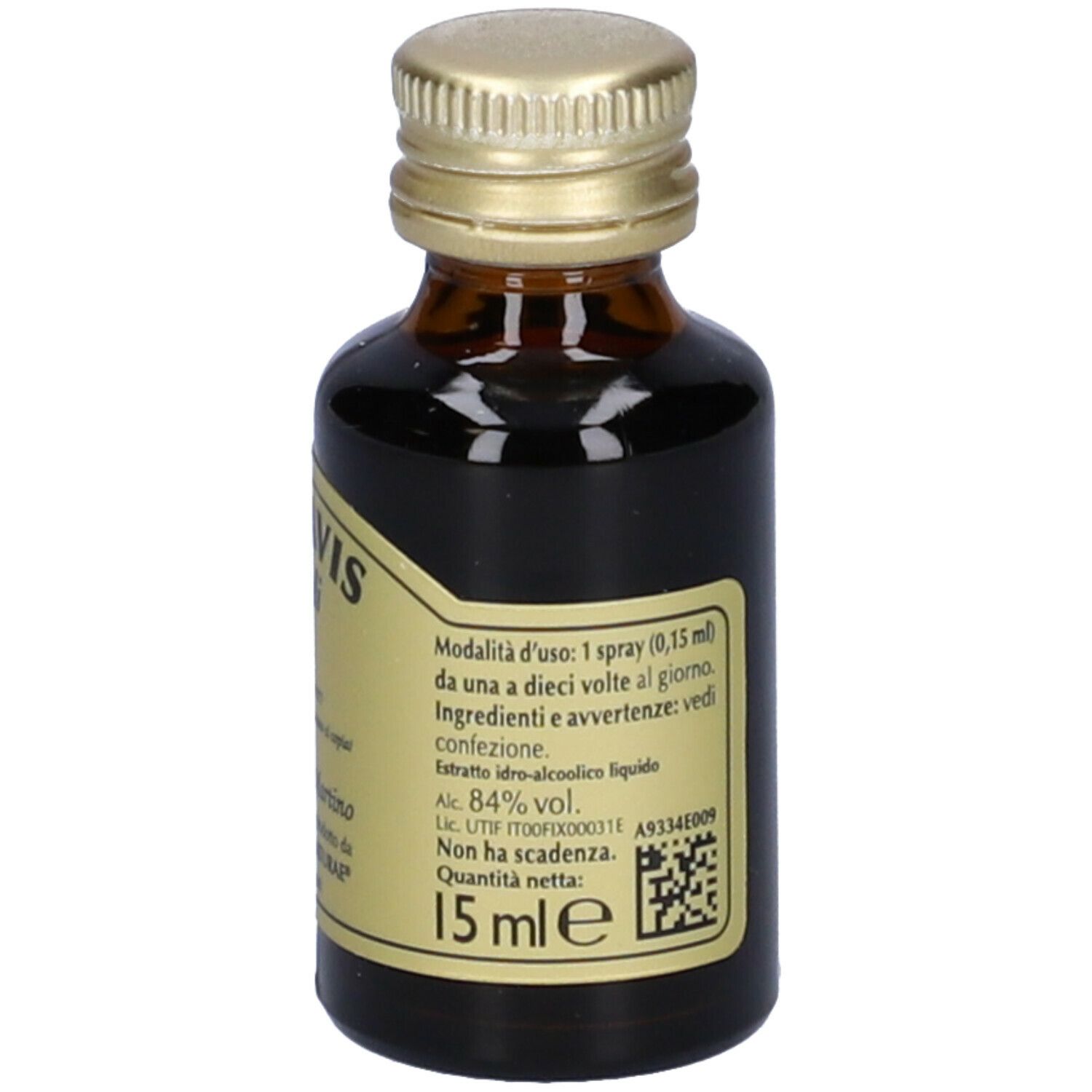 Karmavis Propolis, braune Glasflasche mit goldenem Deckel. Aufschrift: Karmavis Propoli, Giorgini Dr. Martino, Text.