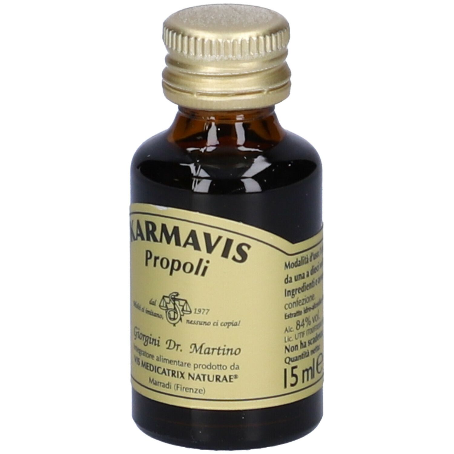 Karmavis Propolis, braune Glasflasche mit goldenem Deckel. Aufschrift: Karmavis Propoli, Giorgini Dr. Martino, Text.