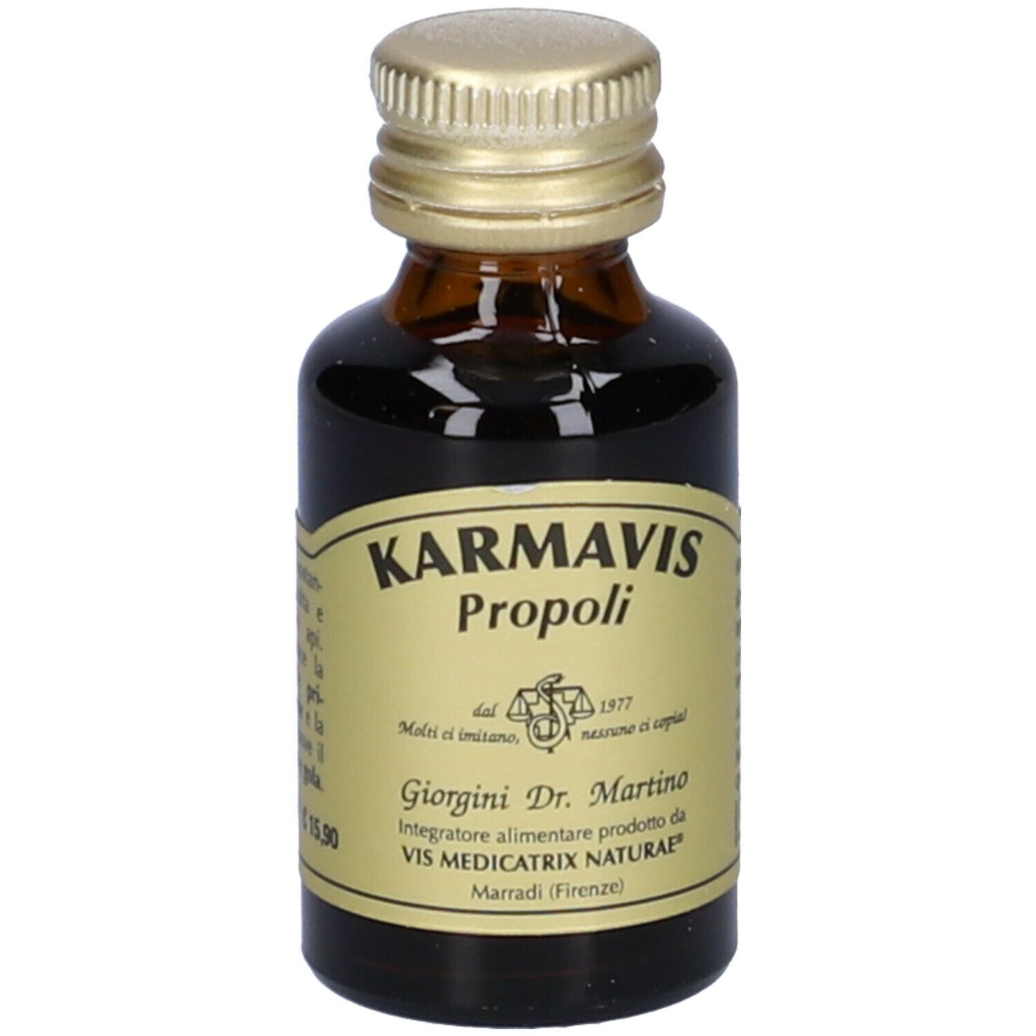 Karmavis Propolis, braune Glasflasche mit goldenem Deckel. Aufschrift: Karmavis Propoli, Giorgini Dr. Martino, Text.