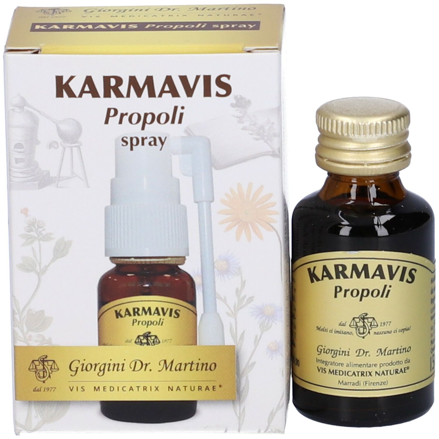 Karmavis Propolis Spray, Flasche und Verpackung. Aufschrift: Karmavis Propoli spray, Giorgini Dr. Martino.