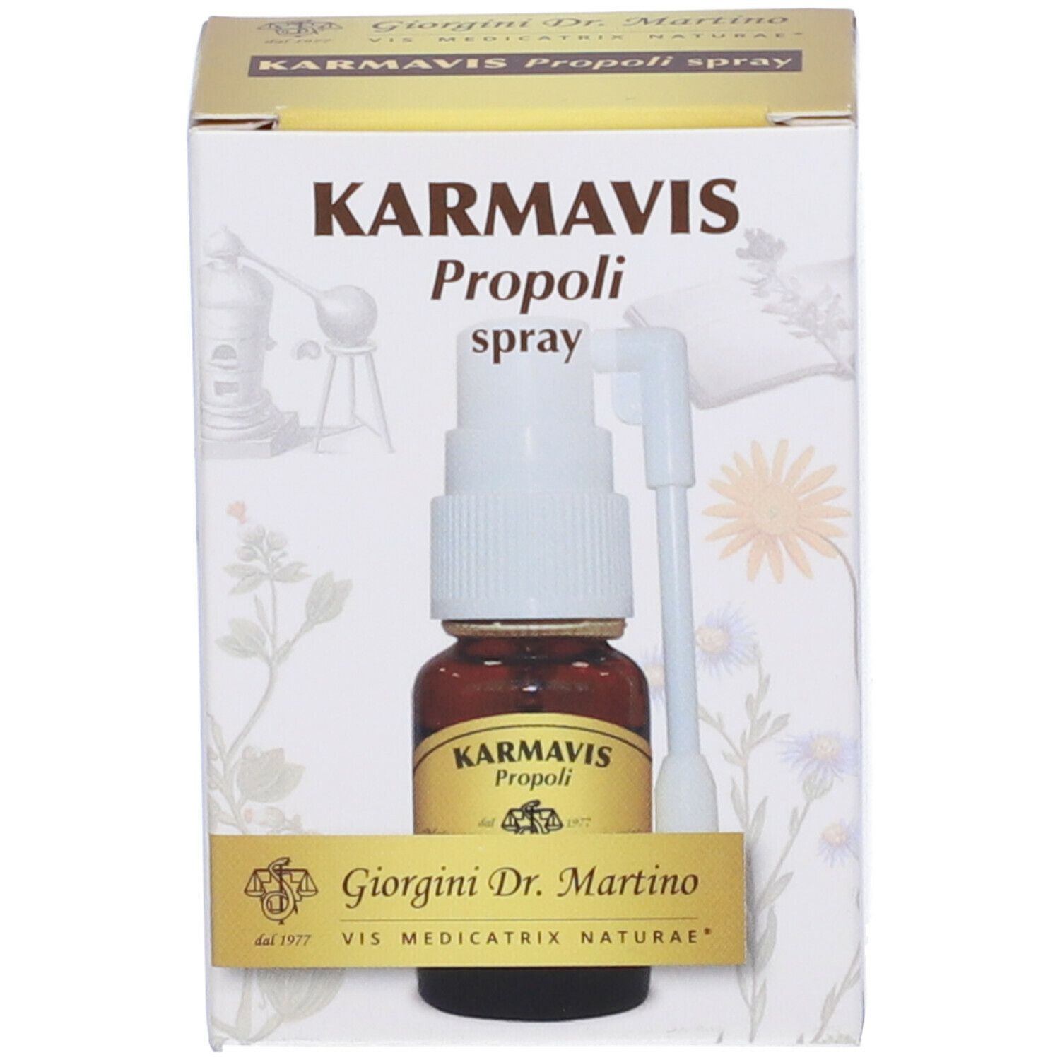 Karmavis Propolis Spray, Flasche und Verpackung. Aufschrift: Karmavis Propoli spray, Giorgini Dr. Martino.
