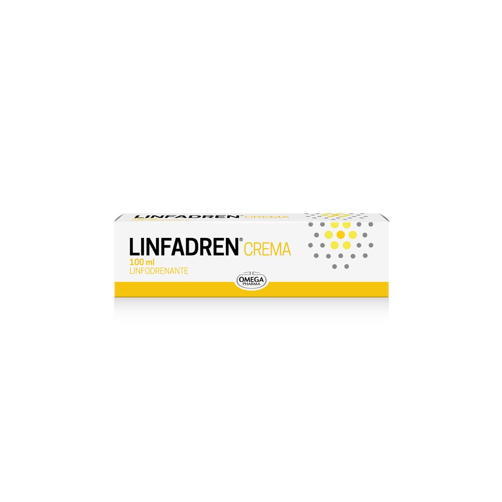 Verpackung von LINFADREN® CREMA. Aufschrift LINFADREN® CREMA, 100 ml. Gelb-weiße Farbgebung. Omega Pharma Logo.