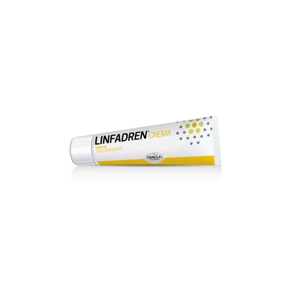 Creme-Tube. Aufschrift LINFADREN® CREMA, 100 ml. Gelb-weiße Farbgebung. Omega Pharma Logo.