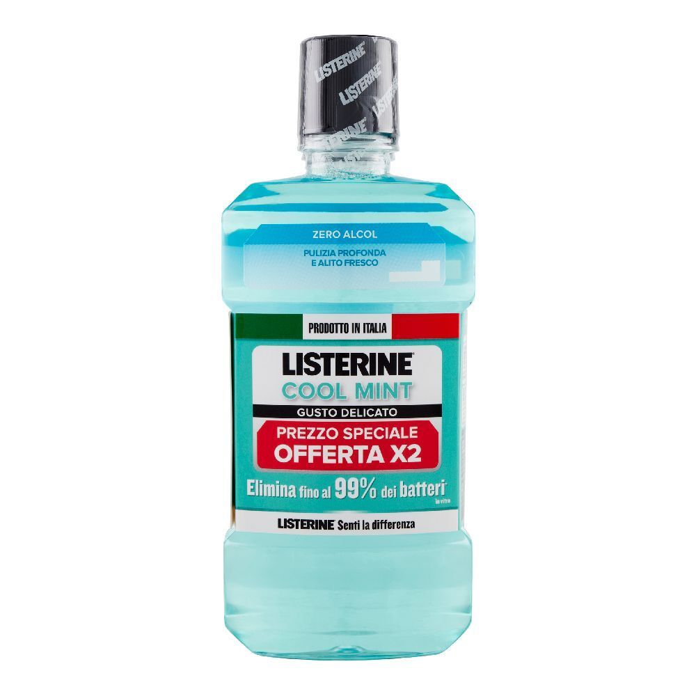 Mundspülung, blau, mit Etikett. Text: Listerine Cool Mint, Zero Alcool, Angebot X2. Hergestellt in Italien.