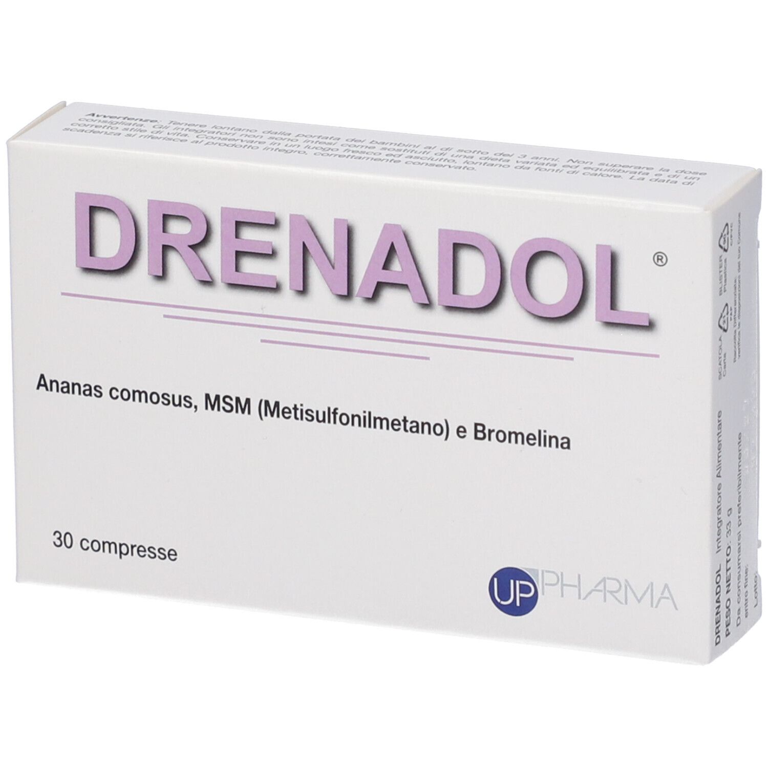 Schachtel mit Drenadol-Tabletten. Aufschrift: Drenadol, Ananas comosus, MSM, Bromelina. 30 Tabletten. UP Pharma Logo.