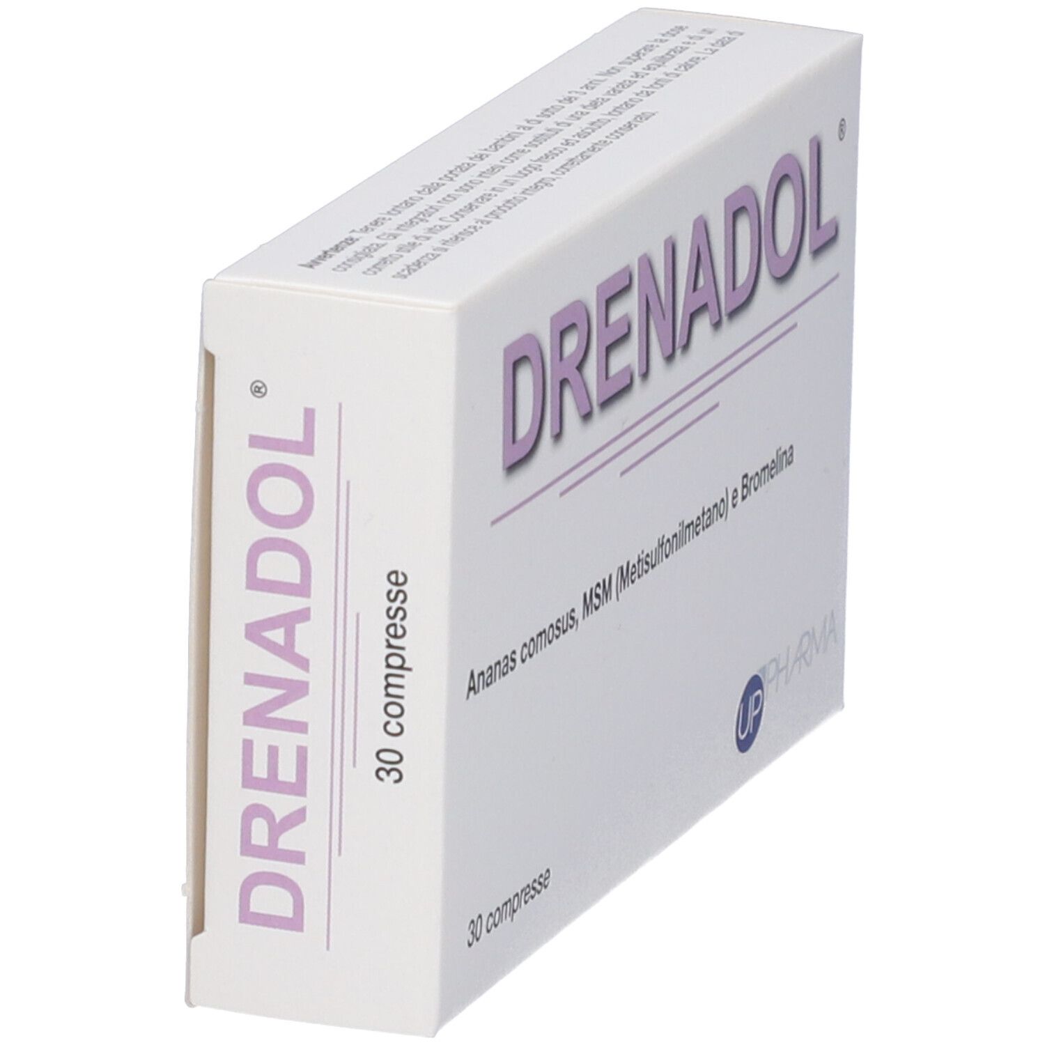 Schachtel Drenadol, schräg. Aufschrift: Drenadol, 30 compresse. UP Pharma Logo. Text: Ananas comosus, MSM, Bromelina.