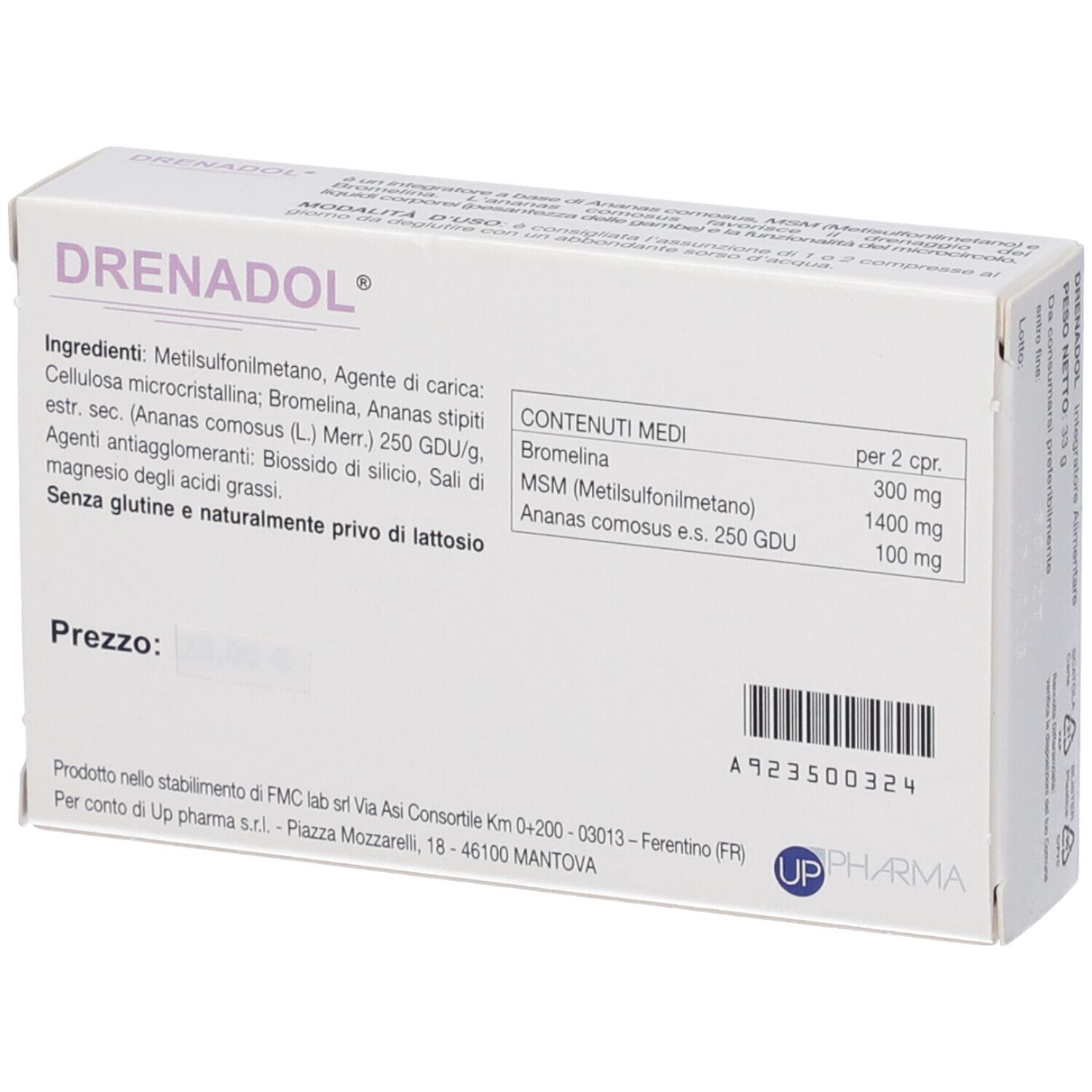 Rückseite der Drenadol-Schachtel. Zutatenliste, Nährwertangaben, Herstellerinformationen, Barcode. UP Pharma Logo.