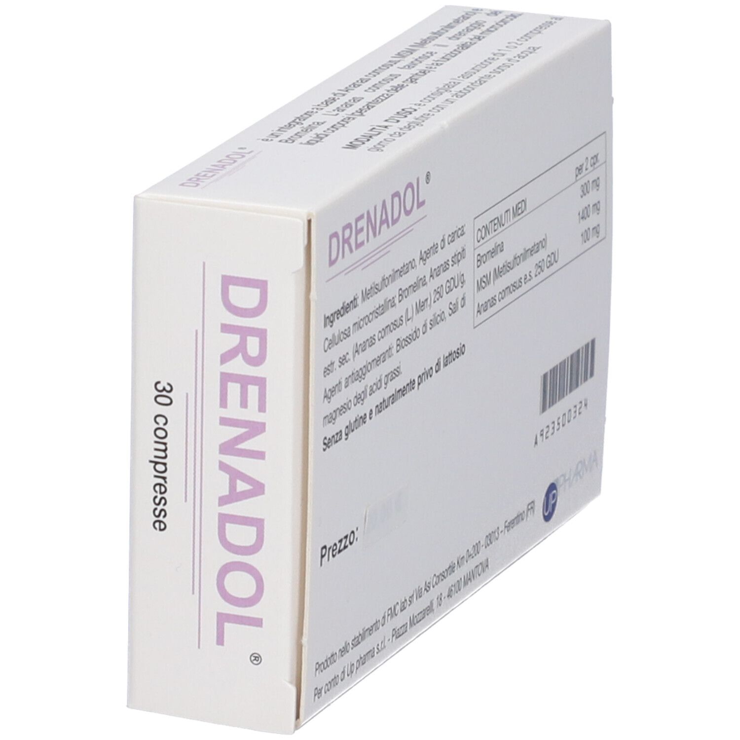 Drenadol-Schachtel, schräg. Aufschrift: Drenadol, 30 compresse. Zutatenliste und Nährwertangaben. UP Pharma Logo.