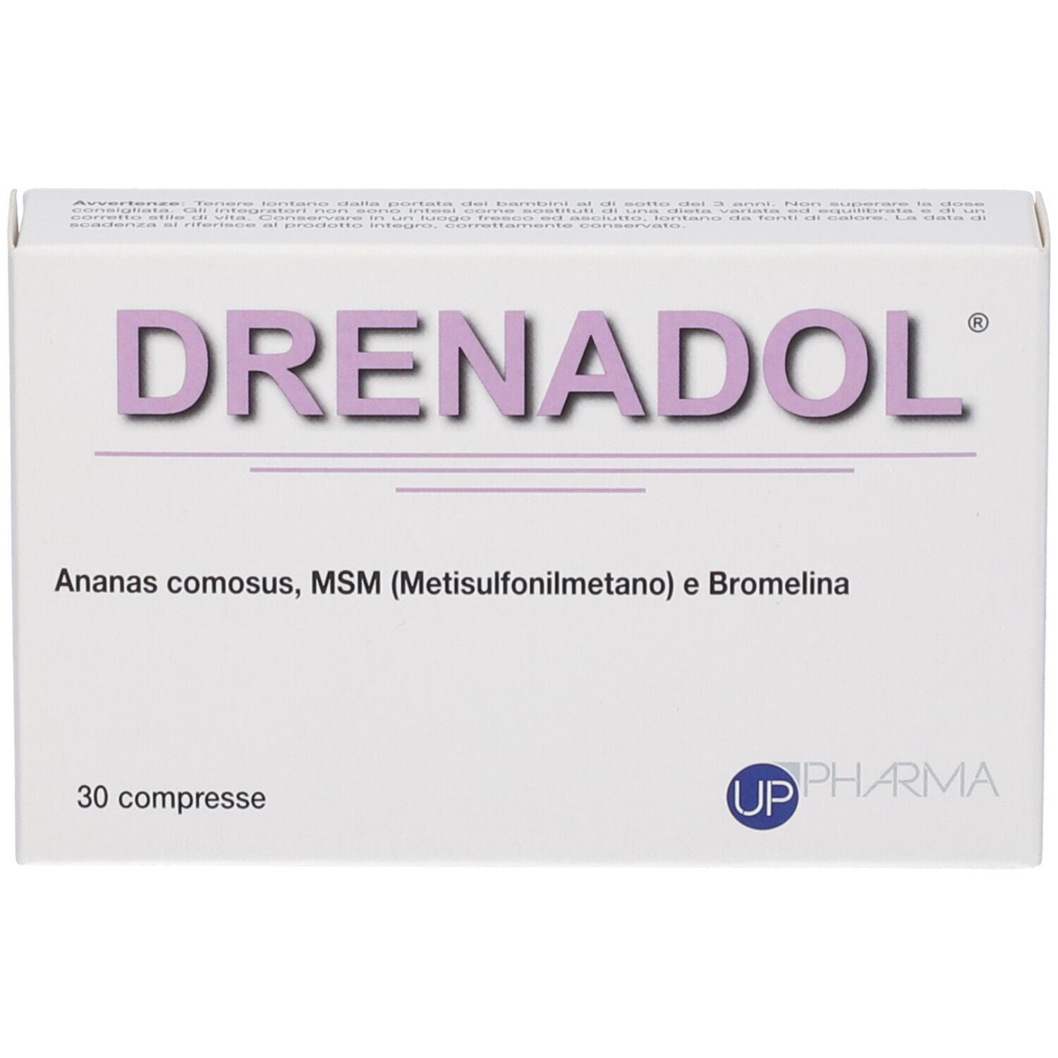 Drenadol-Schachtel. Aufschrift: Drenadol, Ananas comosus, MSM, Bromelina. 30 compresse. UP Pharma Logo.