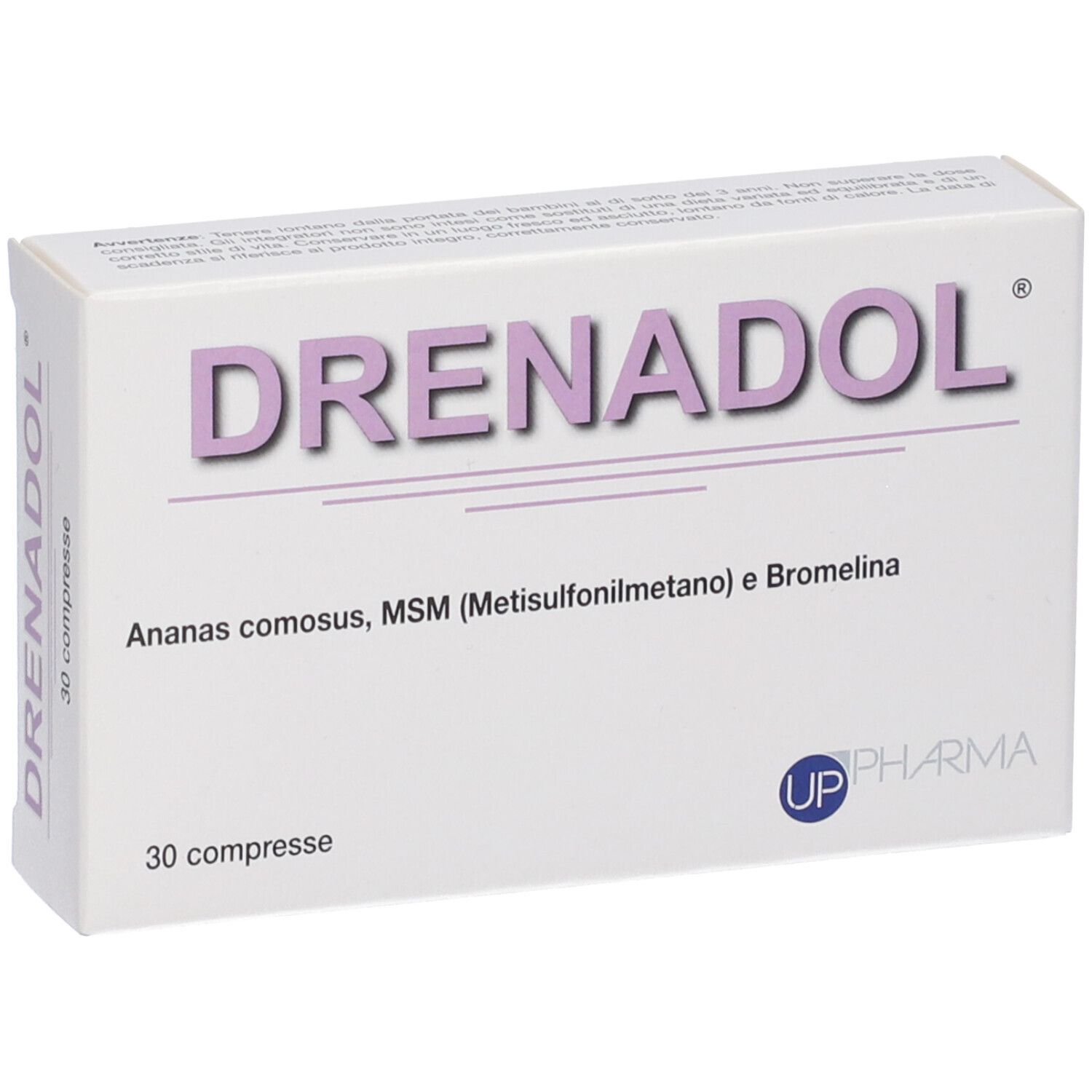 Drenadol-Schachtel. Aufschrift: Drenadol, Ananas comosus, MSM, Bromelina. 30 compresse. UP Pharma Logo.
