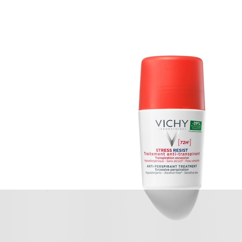 Vichy Deodorant Roll-On mit rotem Verschluss, isoliert. 72H Anti-Transpirant Stress Resist.