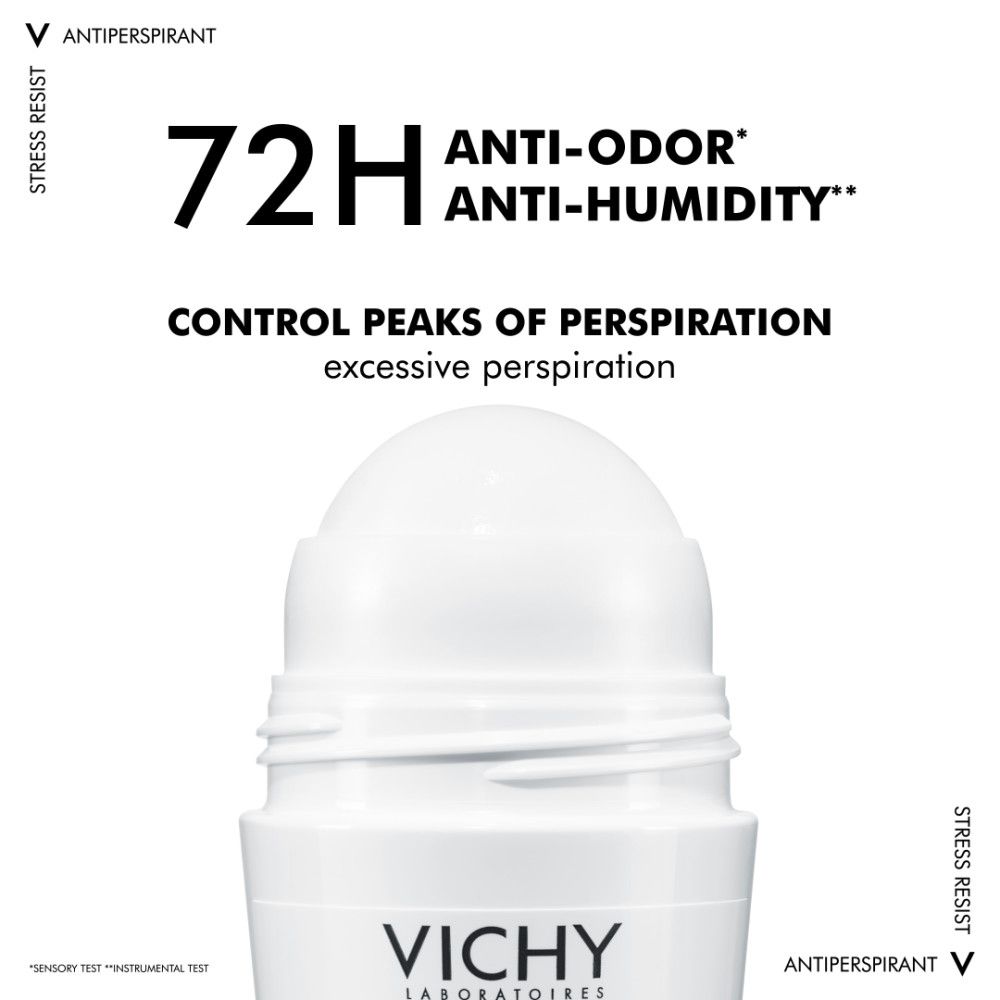 Nahaufnahme des Roll-On-Applikators von Vichy Deodorant. 72H Anti-Odor, Anti-Humidity.