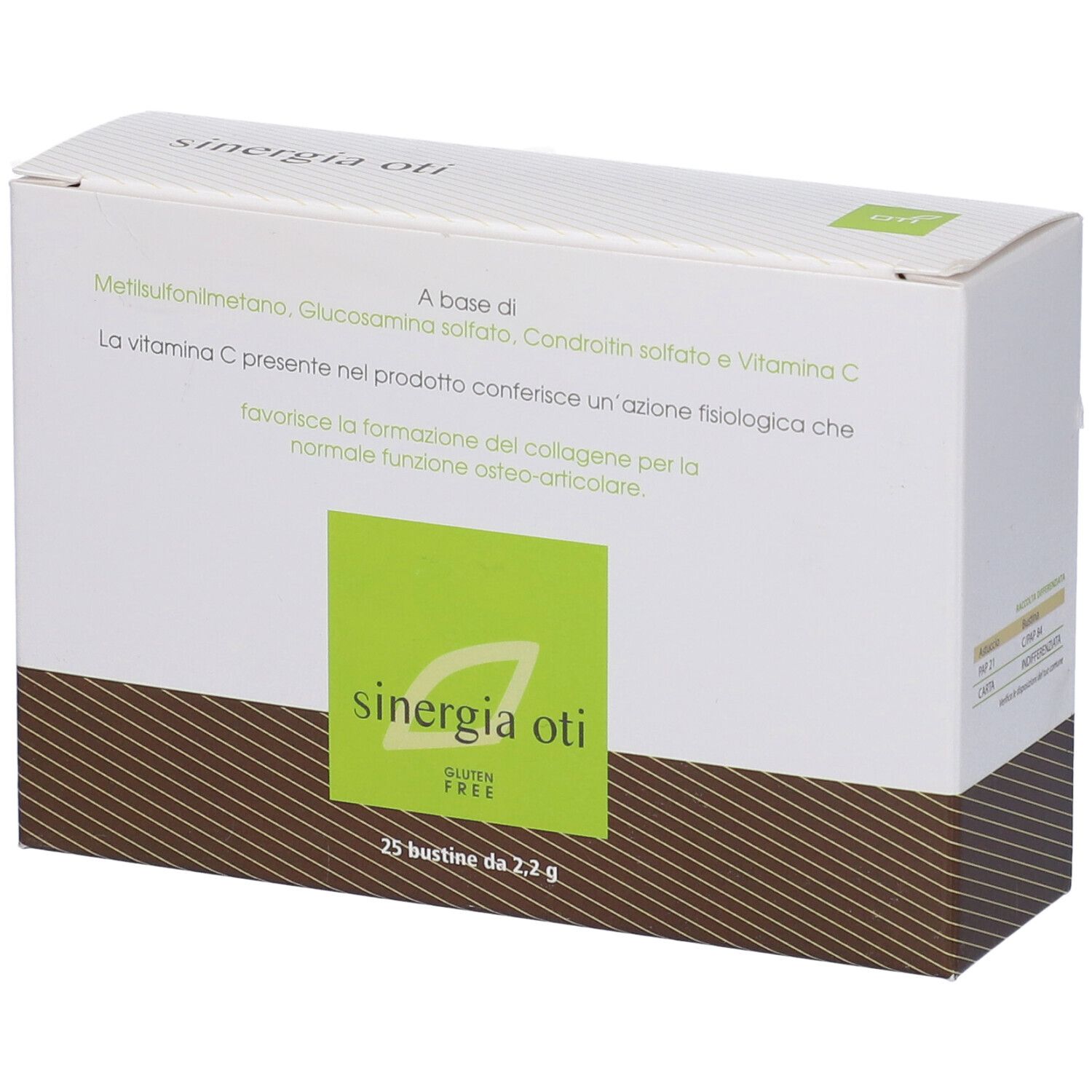 Schachtel mit "sinergia oti" und 25 Beuteln. Grün-weiße Verpackung mit Produktinformationen.