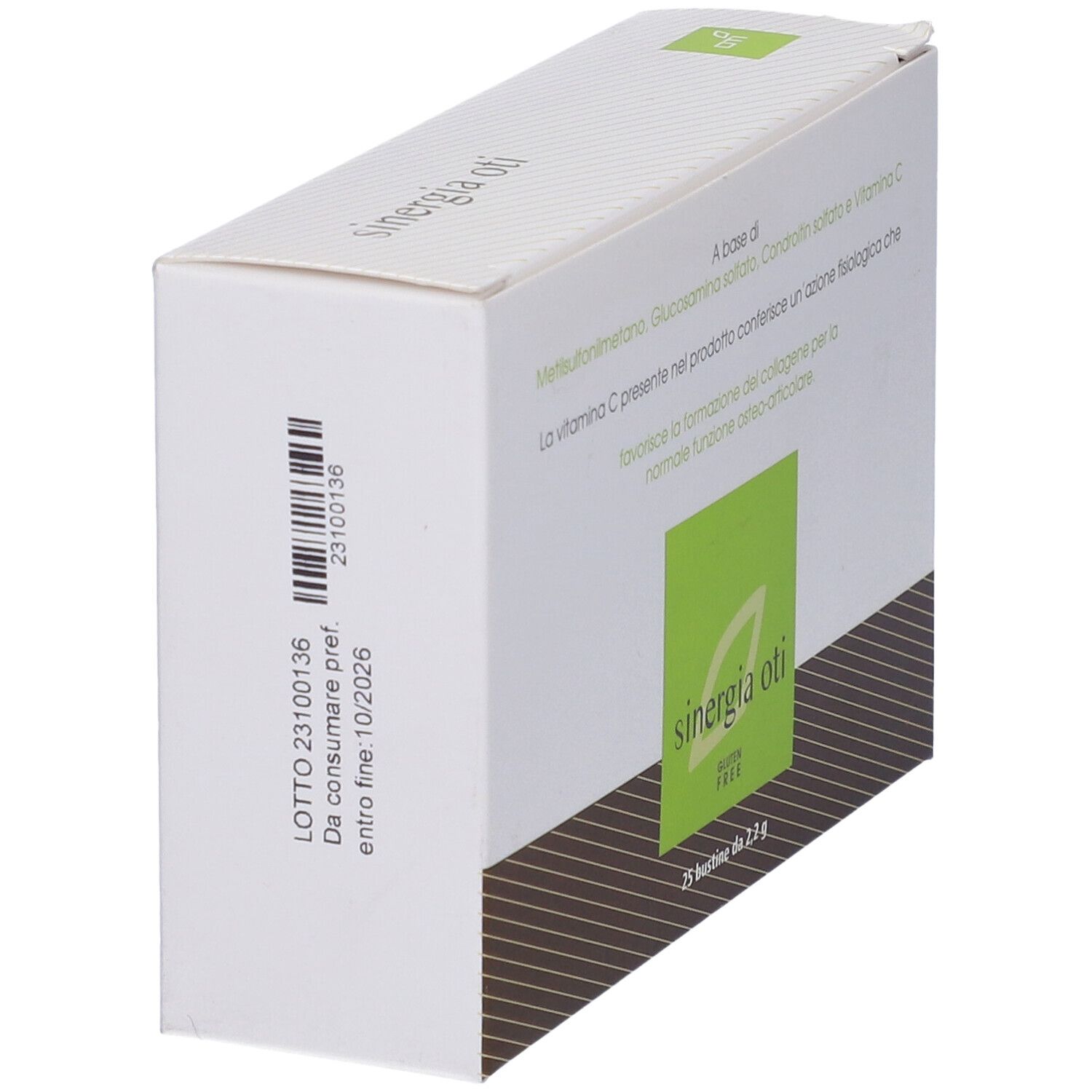 Schachtel "sinergia oti". Seitenansicht mit Chargennummer und Verfallsdatum. Weiß mit braunem Streifen.