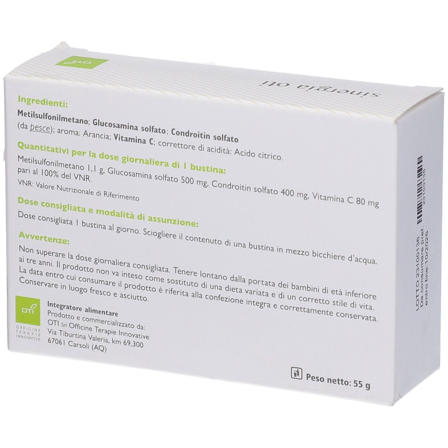 Rückseite der "sinergia oti"-Schachtel. Enthält Inhaltsstoffe, Dosierung und Warnhinweise. Weiß mit Text.