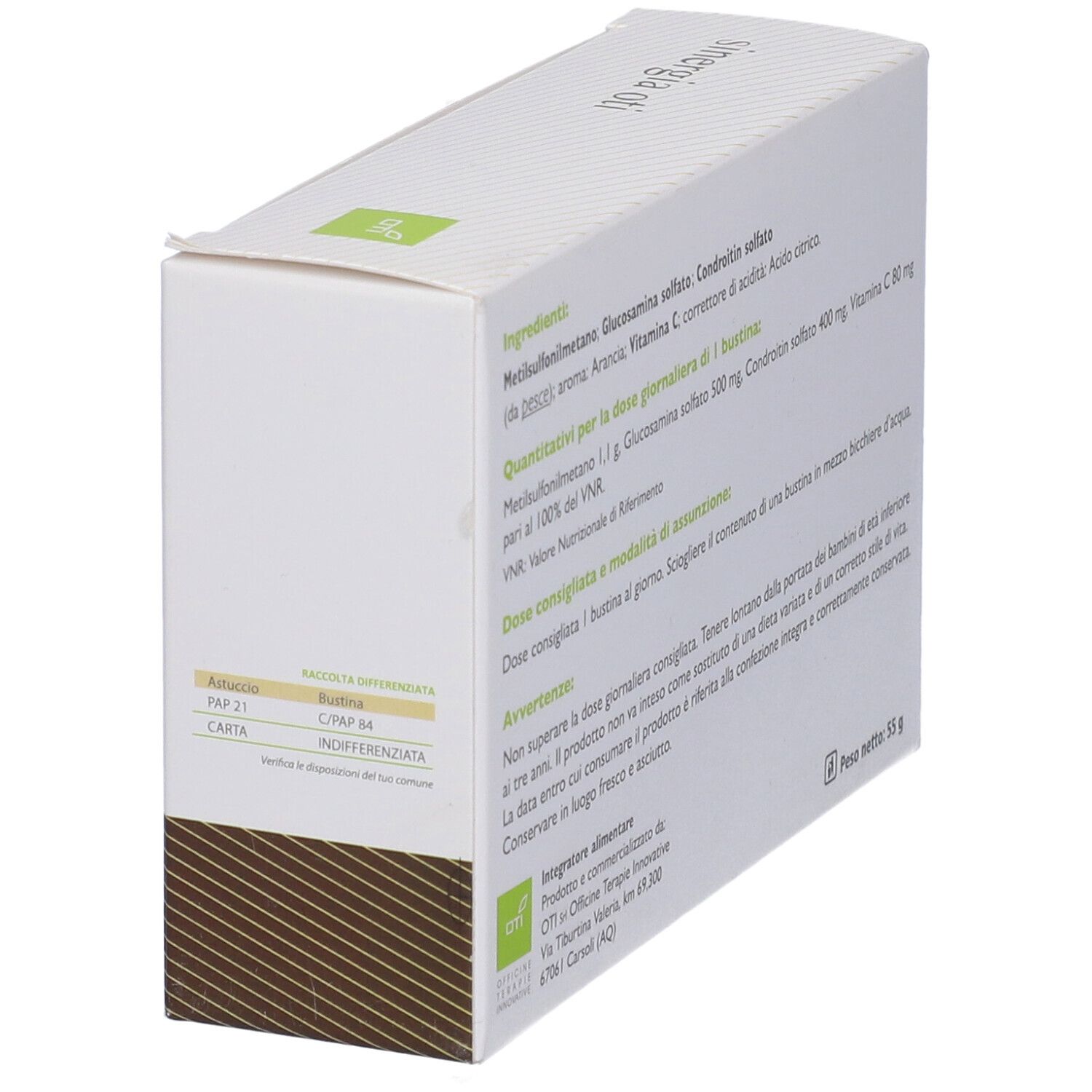 Rückseite der "sinergia oti"-Schachtel. Enthält Inhaltsstoffe, Dosierung und Warnhinweise. Weiß mit Text.