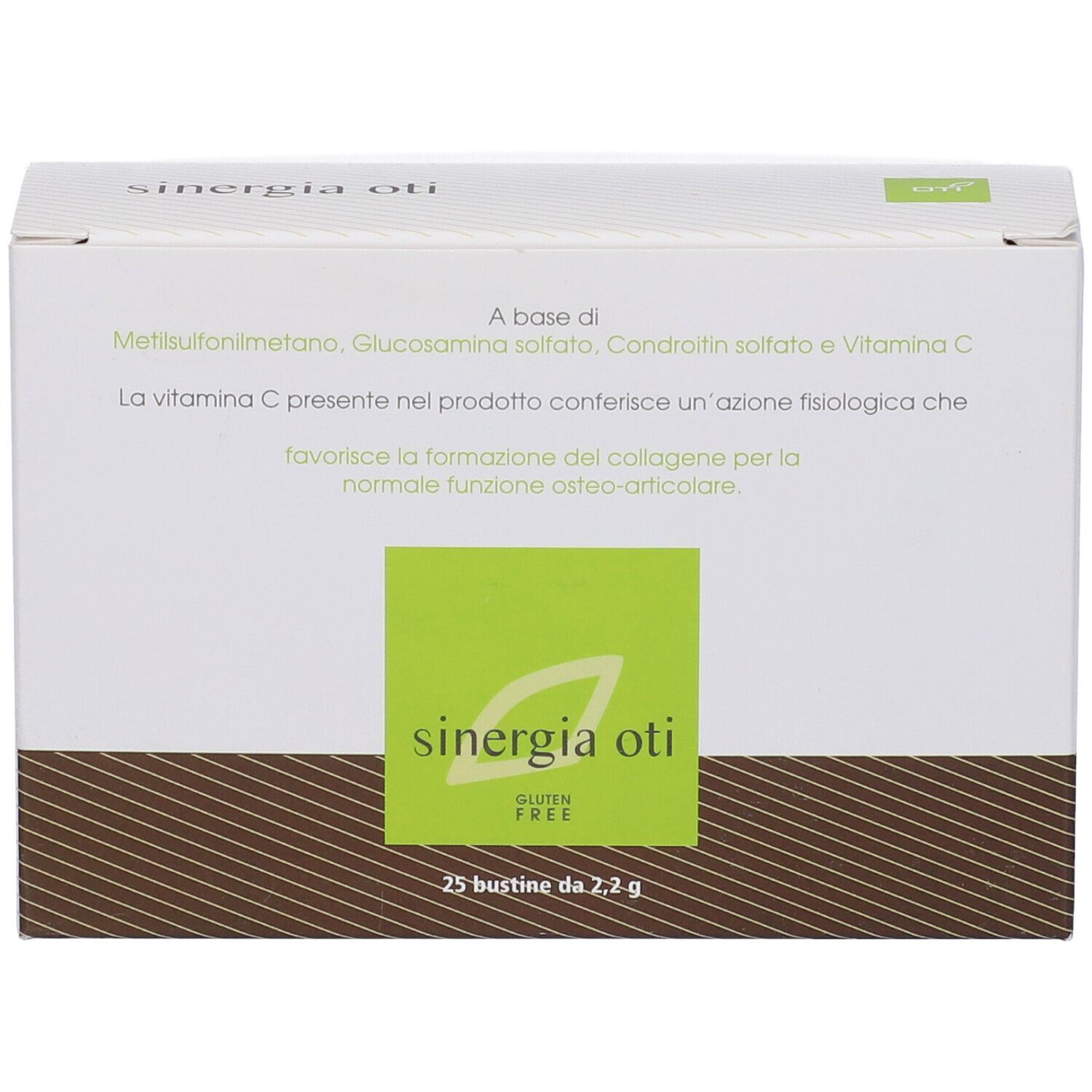 Schachtel "sinergia oti" mit 25 Beuteln. Grün-weiße Verpackung mit Produktinformationen.