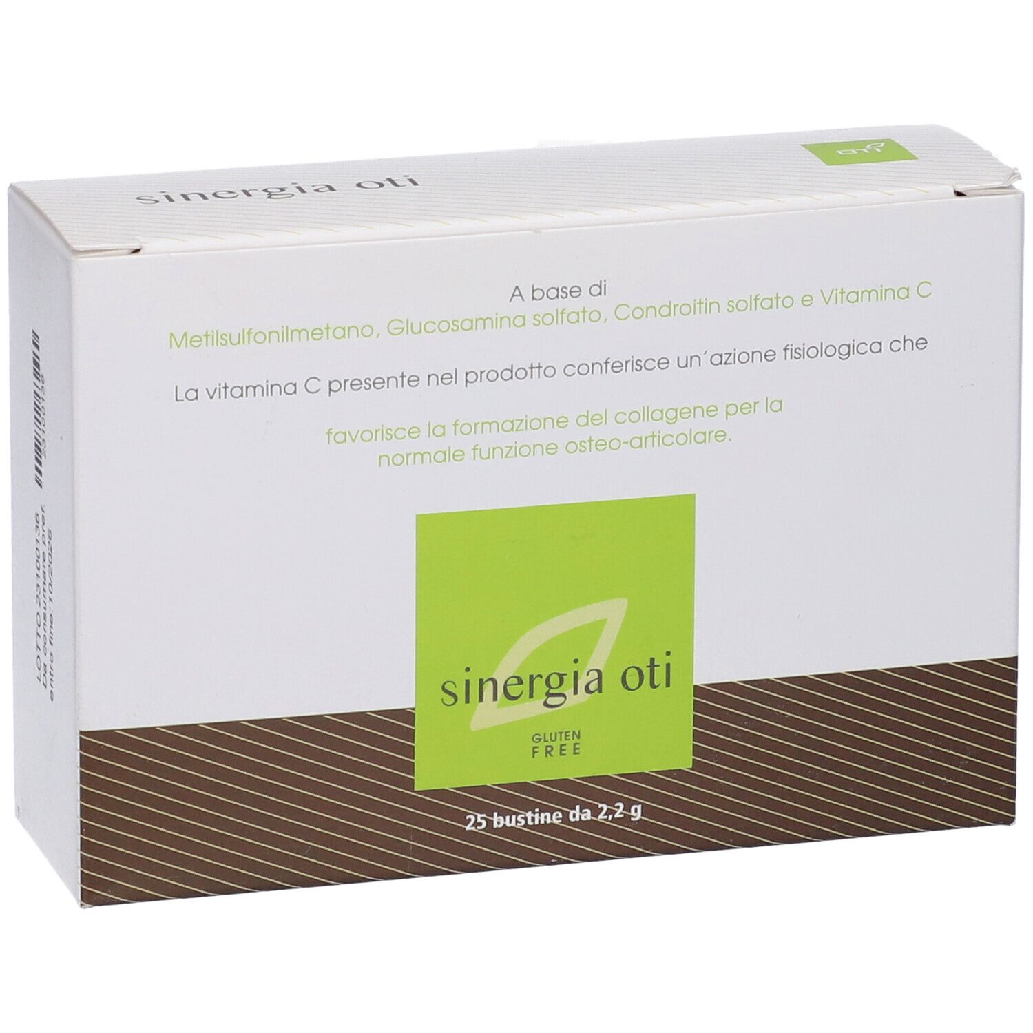 Schachtel "sinergia oti" mit 25 Beuteln. Grün-weiße Verpackung mit Produktinformationen.