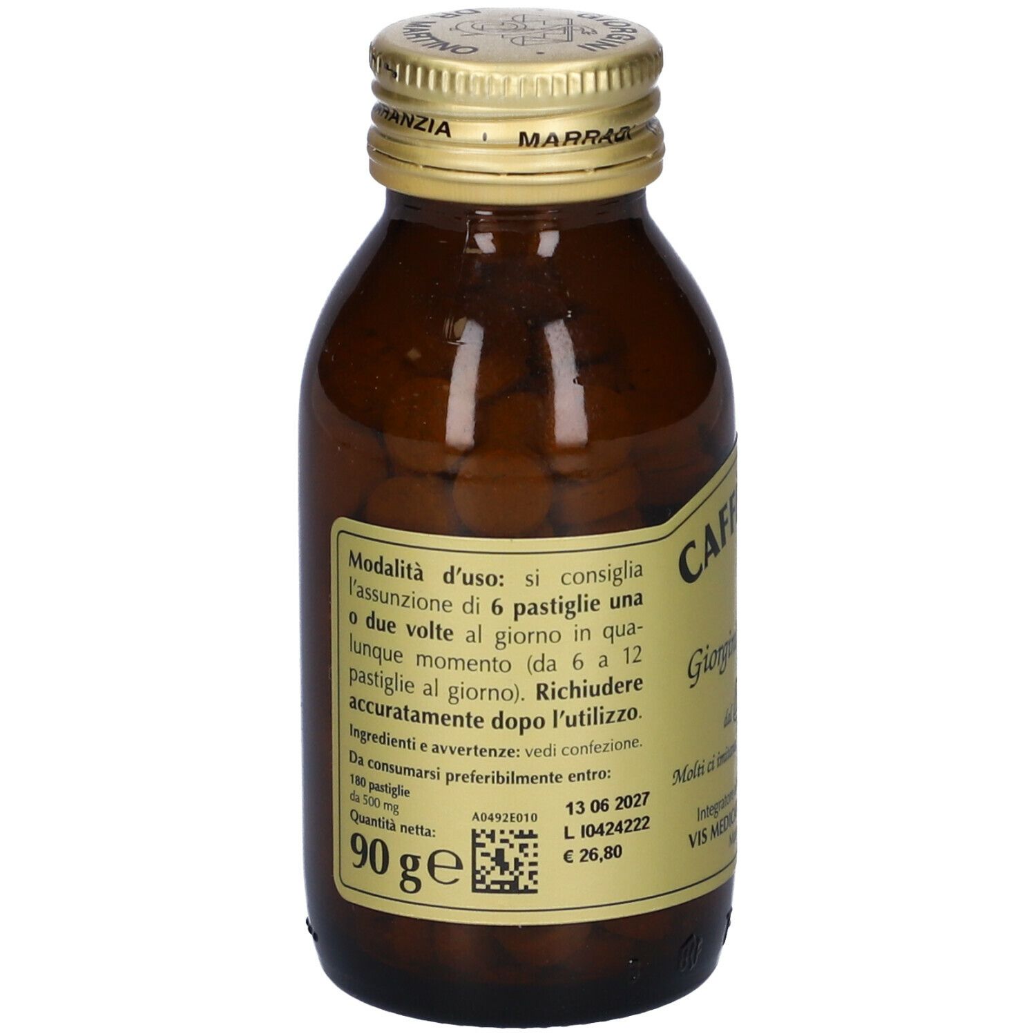 Braune Glasflasche mit Tabletten. Aufschrift: Caffe' Verde, Giorgini Dr. Martino. Mit goldfarbenem Deckel.