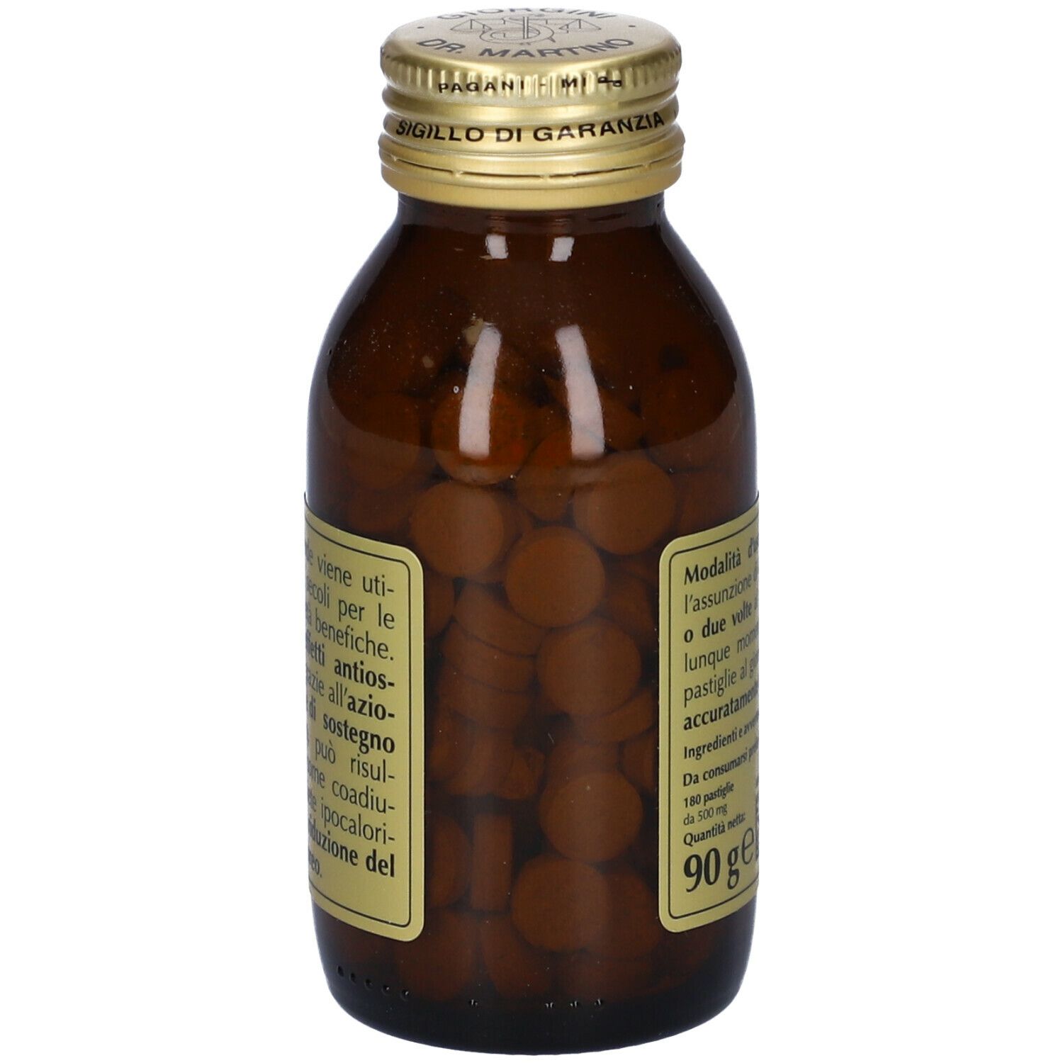 Braune Glasflasche mit Tabletten. Aufschrift: Caffe' Verde, Giorgini Dr. Martino. Mit goldfarbenem Deckel.