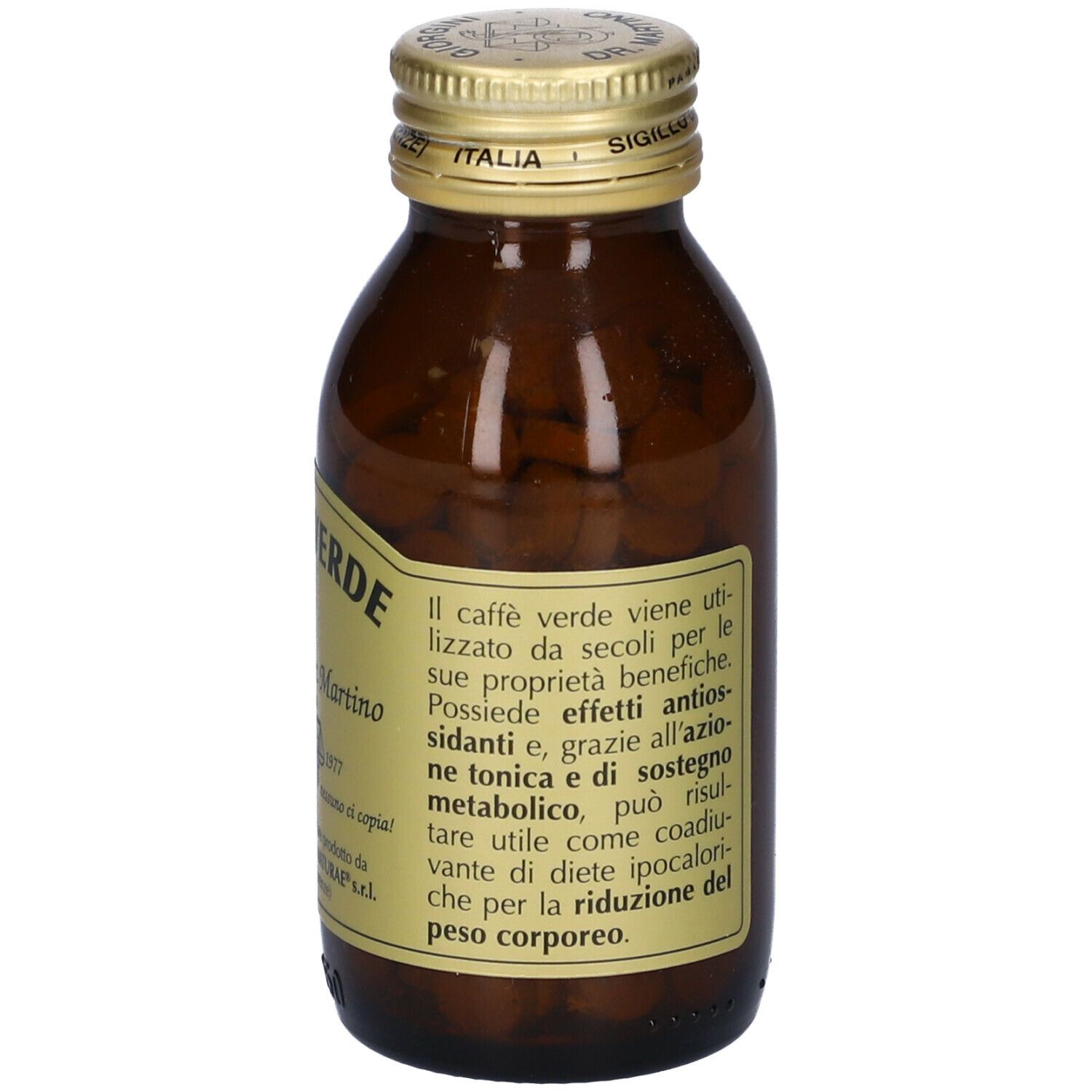 Braune Glasflasche mit Tabletten. Aufschrift: Caffe' Verde, Giorgini Dr. Martino. Mit goldfarbenem Deckel.