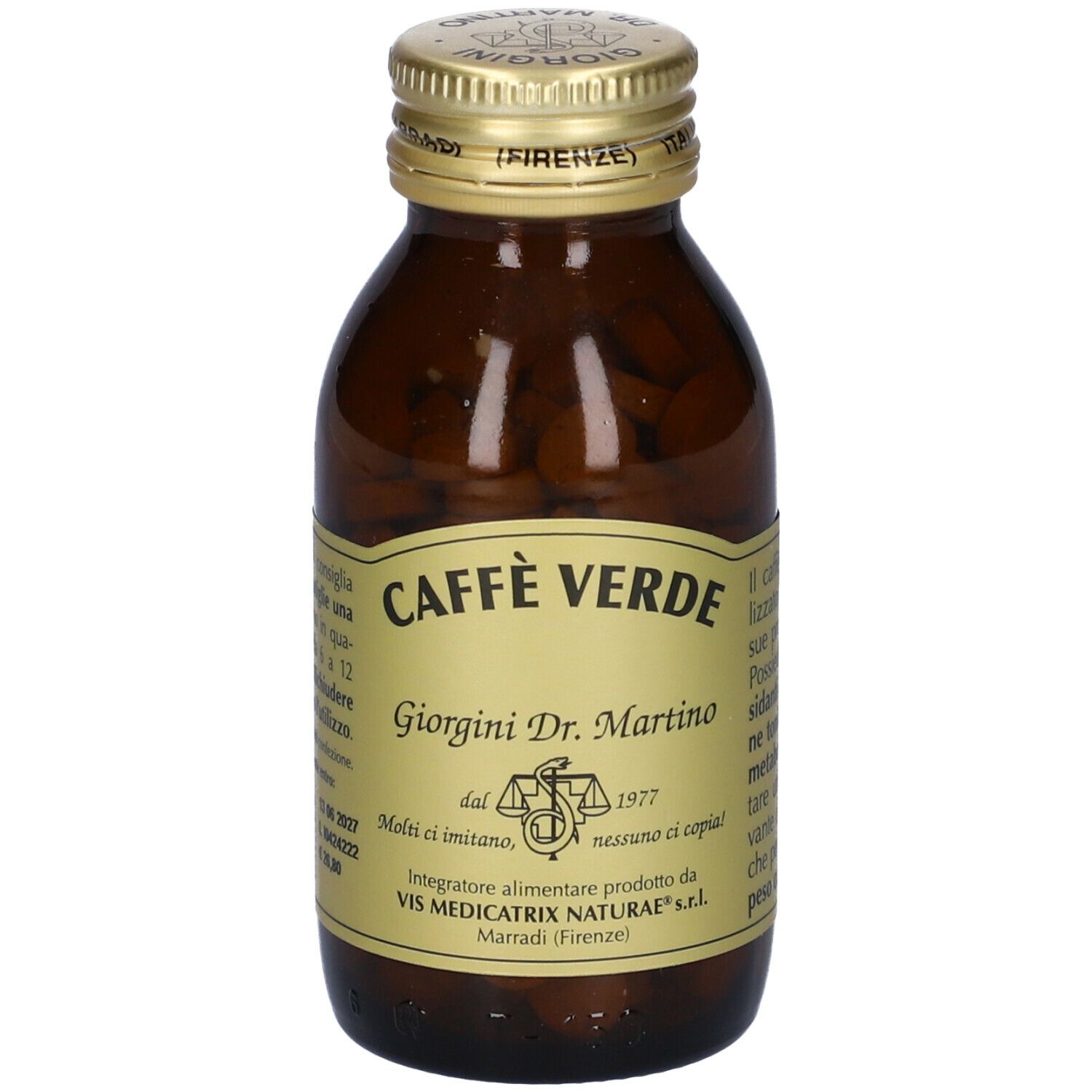 Braune Glasflasche mit Tabletten. Aufschrift: Caffe' Verde, Giorgini Dr. Martino. Mit goldfarbenem Deckel.