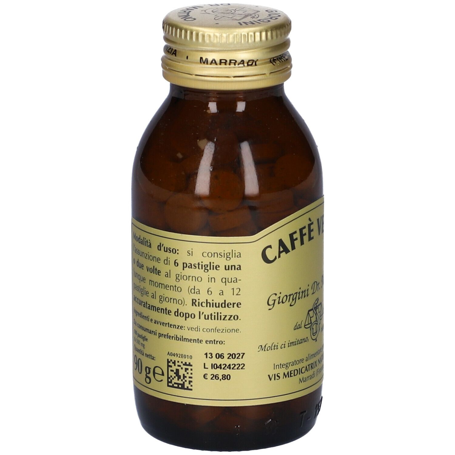 Braune Glasflasche mit Tabletten. Aufschrift: Caffe' Verde, Giorgini Dr. Martino. Mit goldfarbenem Deckel.