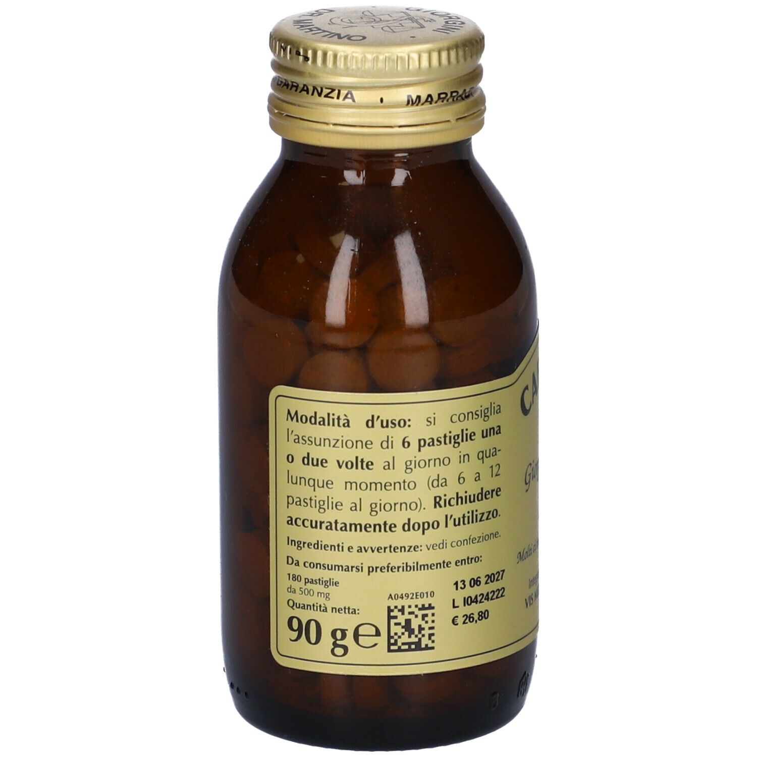 Braune Glasflasche mit Tabletten. Aufschrift: Caffe' Verde, Giorgini Dr. Martino. Mit goldfarbenem Deckel.