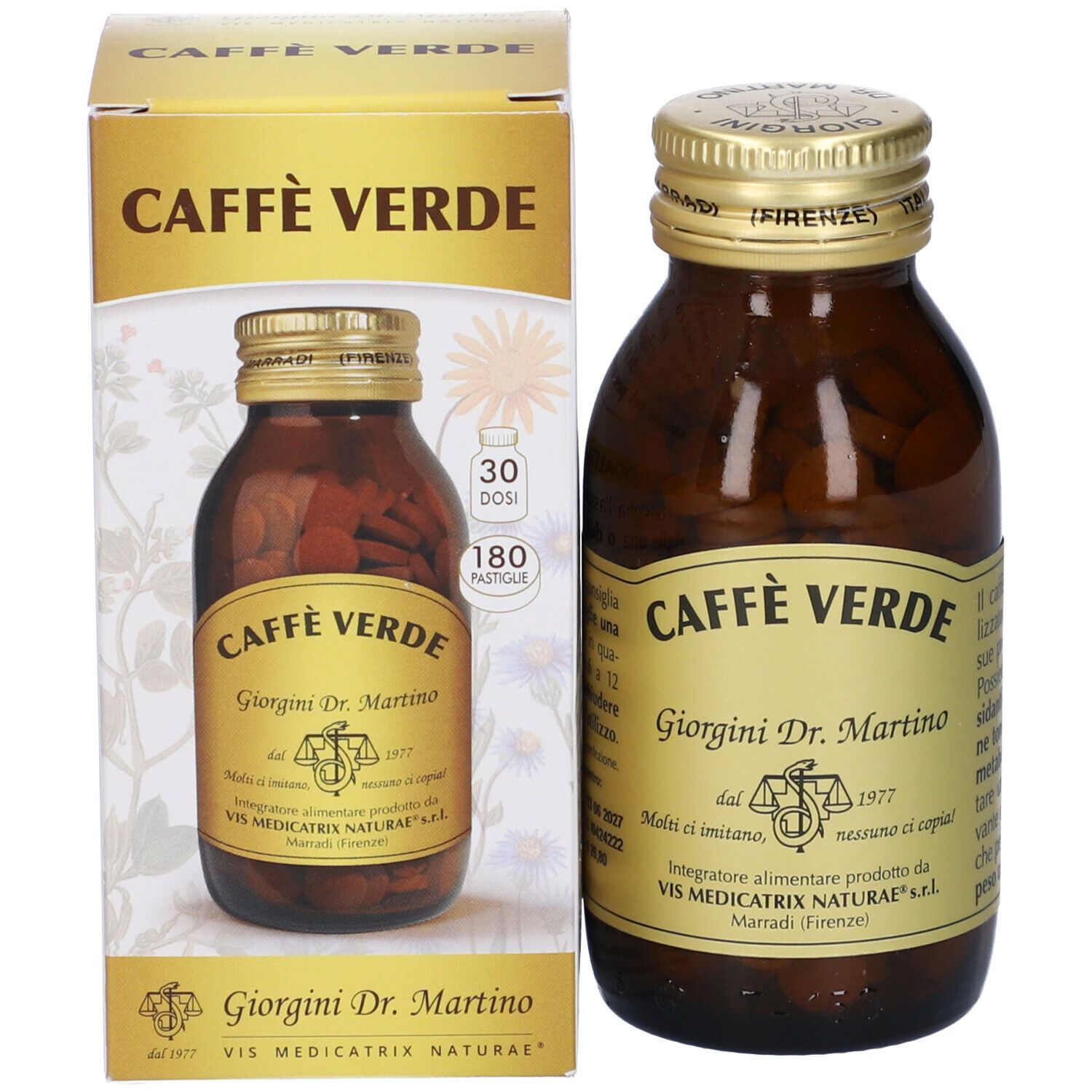 Eine Flasche Caffe' Verde und eine Schachtel. Aufschrift: Caffe' Verde, Giorgini Dr. Martino.