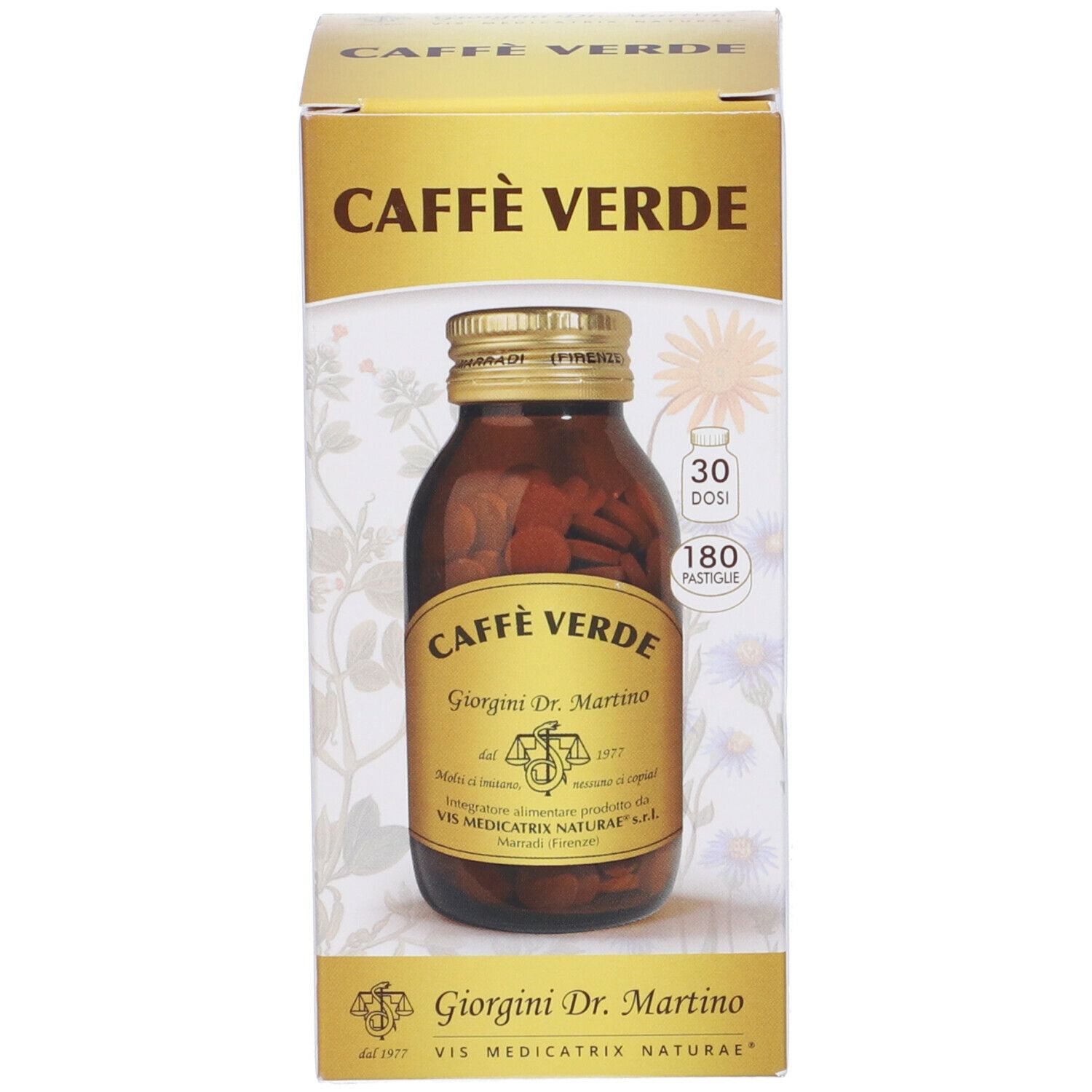Eine Schachtel mit einer Flasche Caffe' Verde. Aufschrift: Caffe' Verde, Giorgini Dr. Martino.