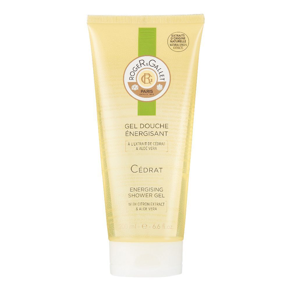 Tube de gel douche jaune avec accents verts. Texte: Roger&Gallet, Cédrat, Energising Shower Gel. Avec extrait de citron & aloe vera.
