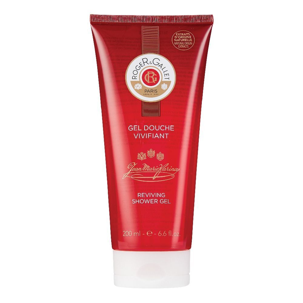 Tube de gel douche rouge avec bouchon blanc. Logo et texte 'Roger & Gallet Paris'. 'Gel Douche Vivifiant' et 'Reviving Shower Gel' visibles.