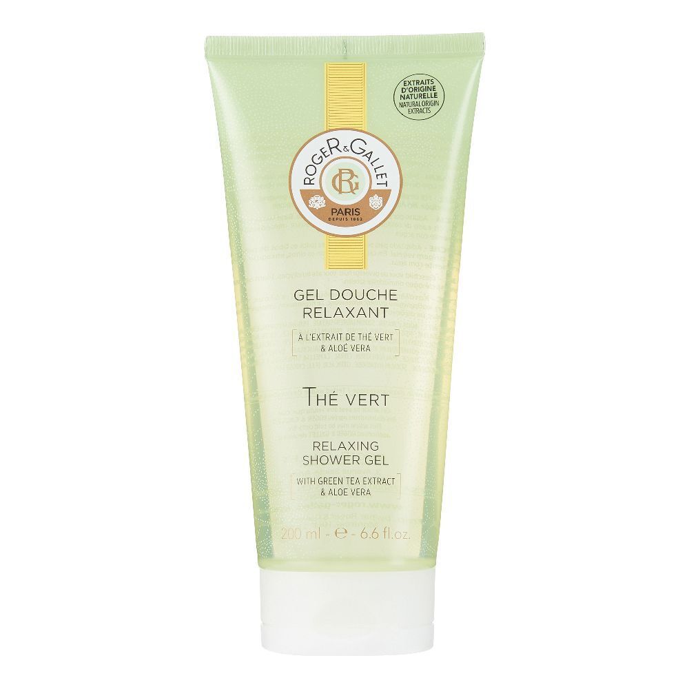 Tube verte avec bouchon blanc. Inscription: Roger&Gallet, Thé Vert, Gel douche. Avec extrait de thé vert et aloe vera. 200 ml.