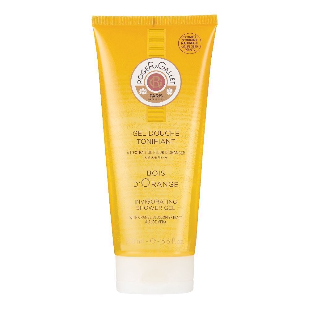 Gel Douche Tonifiant von Roger&Gallet. Gelbe Tube mit weißem Verschluss. Text auf Französisch und Englisch. Logo und Produktname sichtbar.