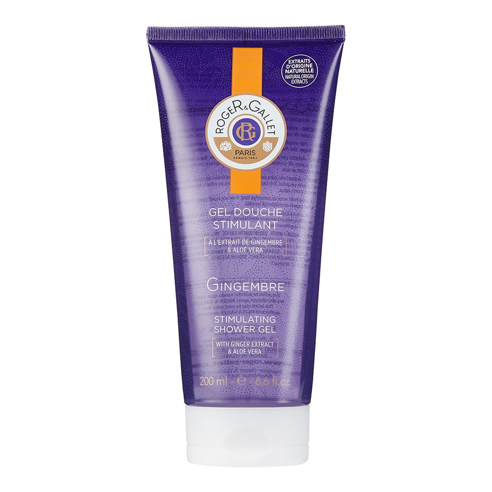 Tube violet avec bouchon blanc. Inscription: Roger&Gallet, Gel Douche Stimulant, Gingembre, Stimulating Shower Gel.