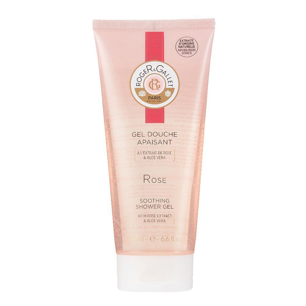 Tube de gel douche rose Roger&Gallet. Texte: Gel Douche Apaisant, Rose, Soothing Shower Gel. Logo et certificat.