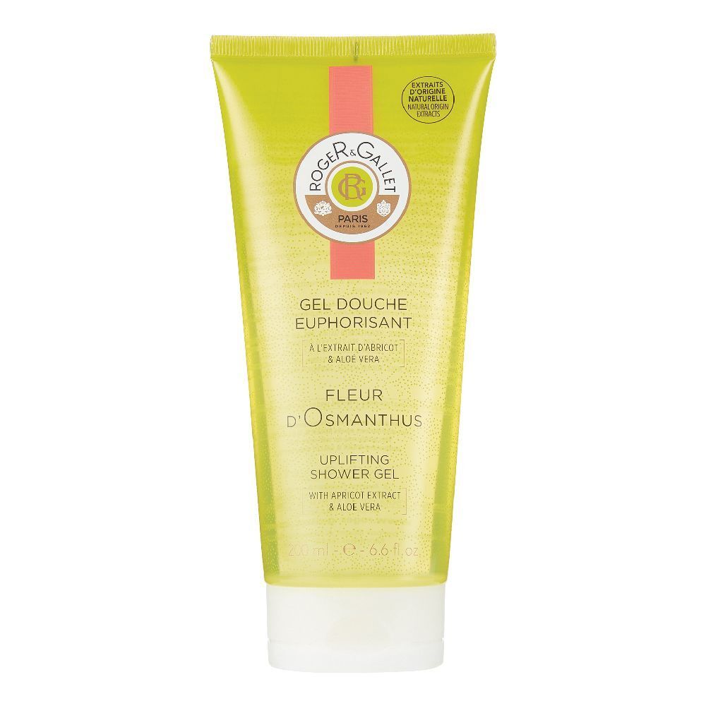 Gel douche Fleur d'Osmanthus Roger&Gallet. Tube jaune avec bouchon blanc. Inscriptions en rouge et noir. Contient de l'extrait d'abricot et aloe vera.