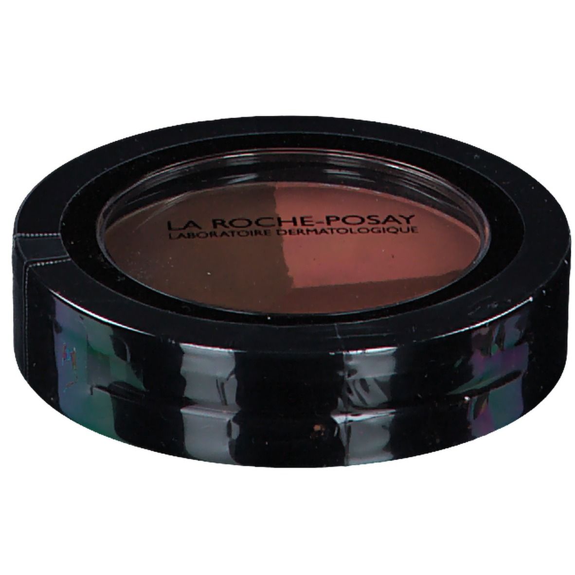 Boîtier rond noir avec deux teintes de poudre solaire. Logo LA ROCHE-POSAY visible. Couvercle rond transparent.