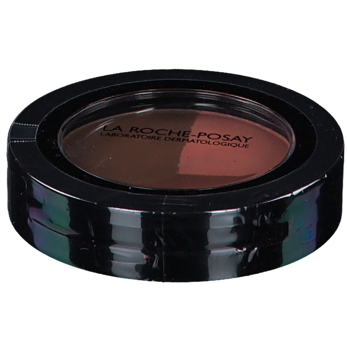Boîtier rond noir avec deux teintes de poudre solaire. Logo LA ROCHE-POSAY visible. Couvercle rond transparent.