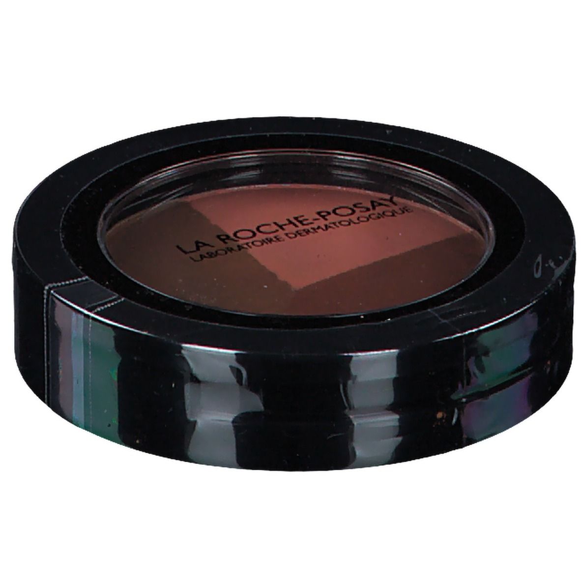 Boîtier rond noir avec deux teintes de poudre solaire. Logo LA ROCHE-POSAY visible. Couvercle rond transparent.