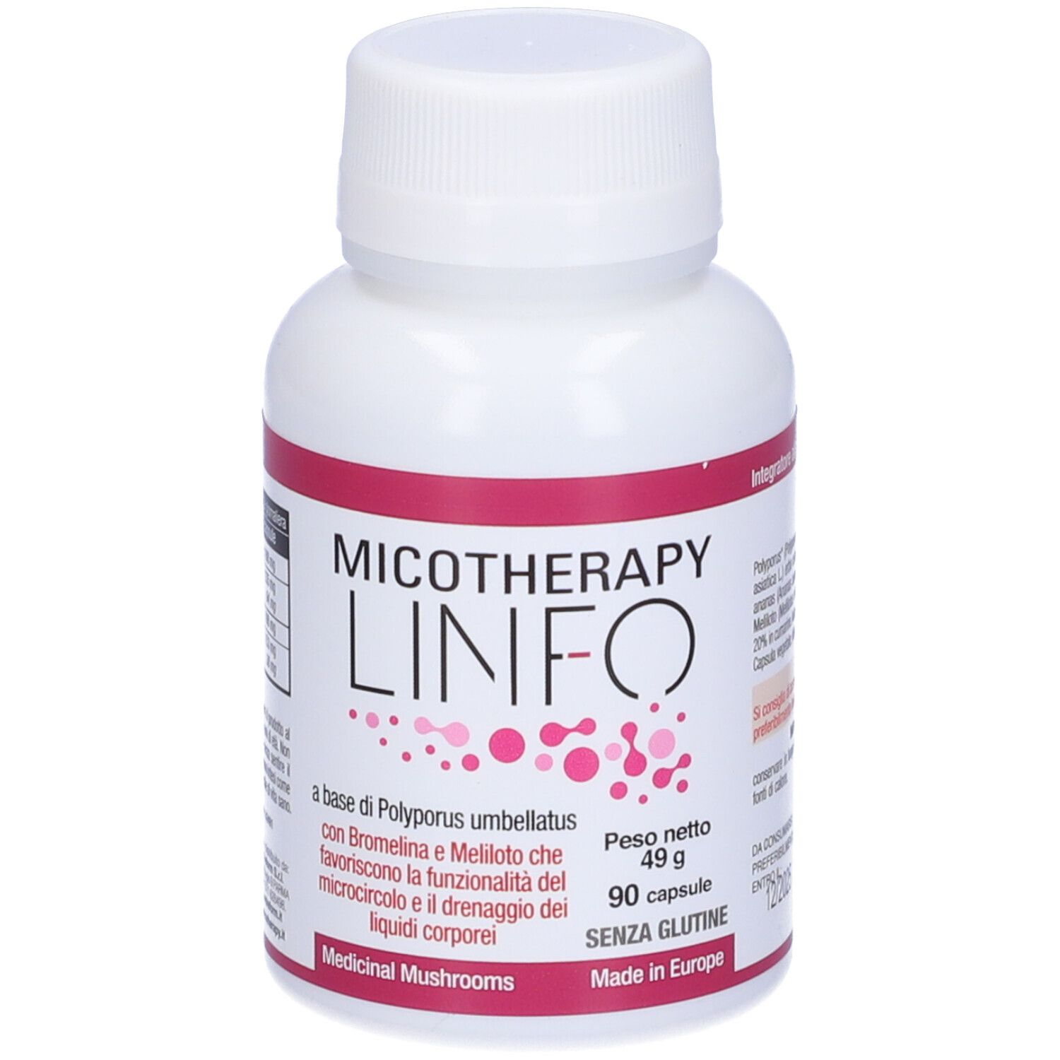 Weiße Flasche mit rosa Etikett. Aufschrift: Micotherapy Linfo. Enthält 90 Kapseln. Glutenfrei. Hergestellt in Europa.