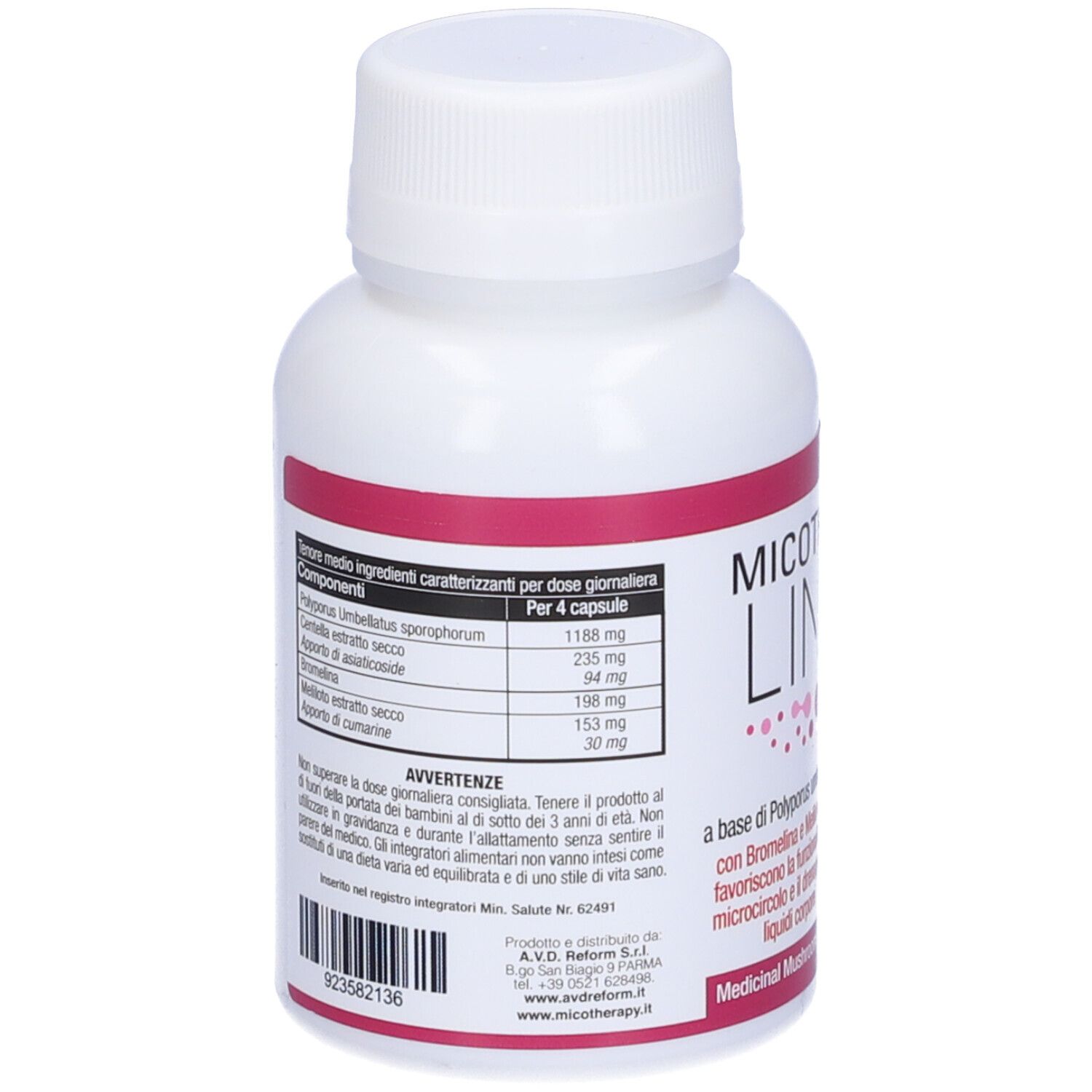 Weiße Flasche mit rosa Etikett. Aufschrift: Micotherapy Linfo. Enthält Inhaltsstoffe. Rückseite mit Informationen.