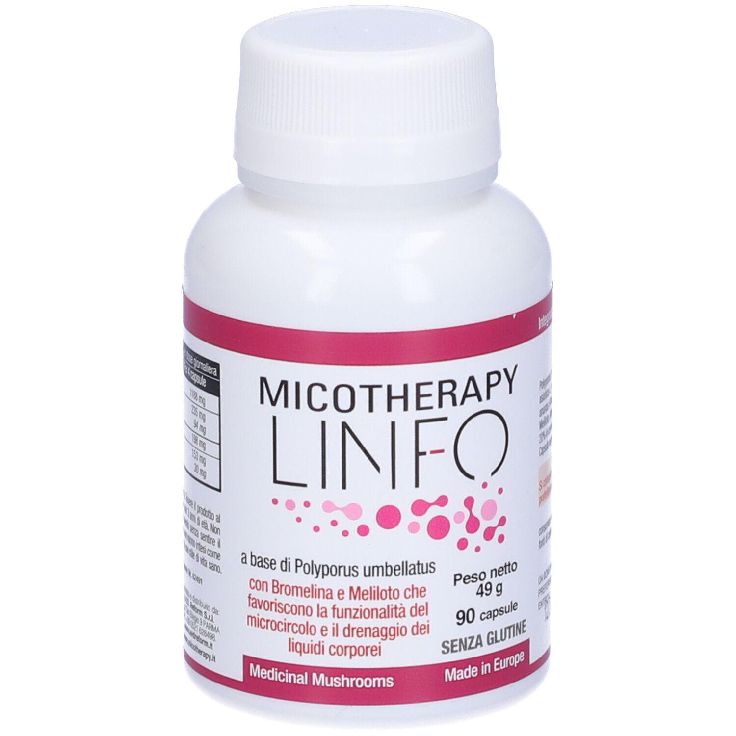 Weiße Flasche mit rosa Etikett. Aufschrift: Micotherapy Linfo. Enthält 90 Kapseln. Glutenfrei. Hergestellt in Europa.