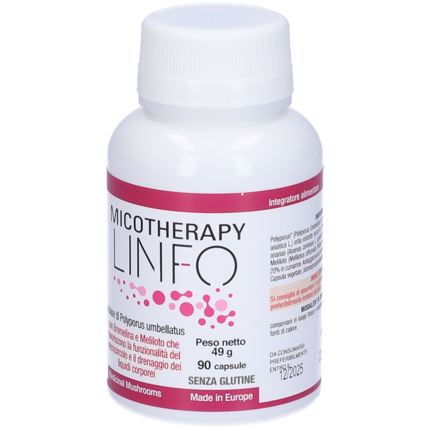 Weiße Flasche mit rosa Etikett. Aufschrift: Micotherapy Linfo. Enthält 90 Kapseln. Glutenfrei. Hergestellt in Europa.